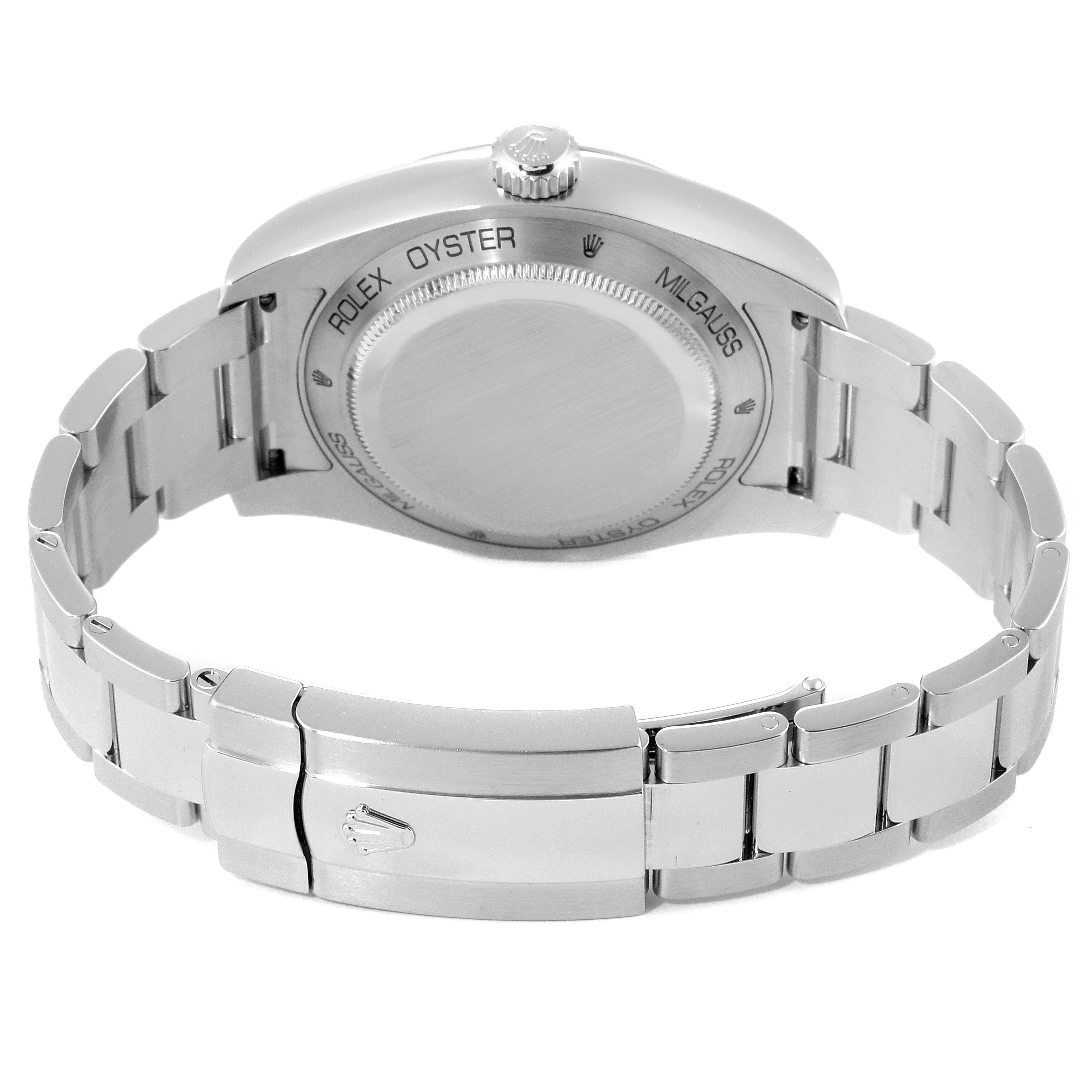 The image shows the back and bracelet of a Rolex Milgauss 116400GV Men's Stainless Steel Blue Dial 116400GV Men's Stainless Steel Blue Dial watch, focusing on its stainless steel case and clasp.