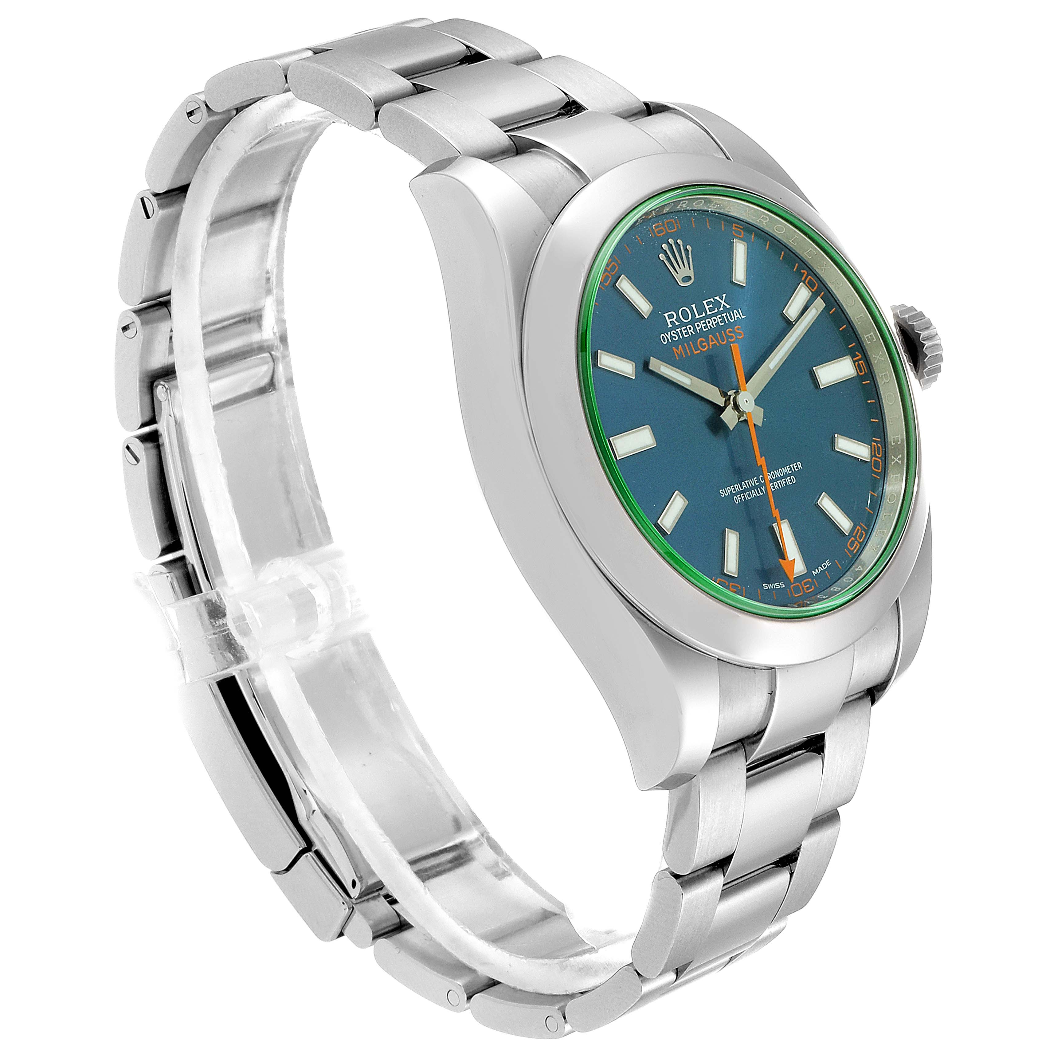 The image shows a side angle view of the Rolex Milgauss 116400GV Men's Stainless Steel Blue Dial 116400GV Men's Stainless Steel Blue Dial watch, highlighting its bracelet, case, and face.
