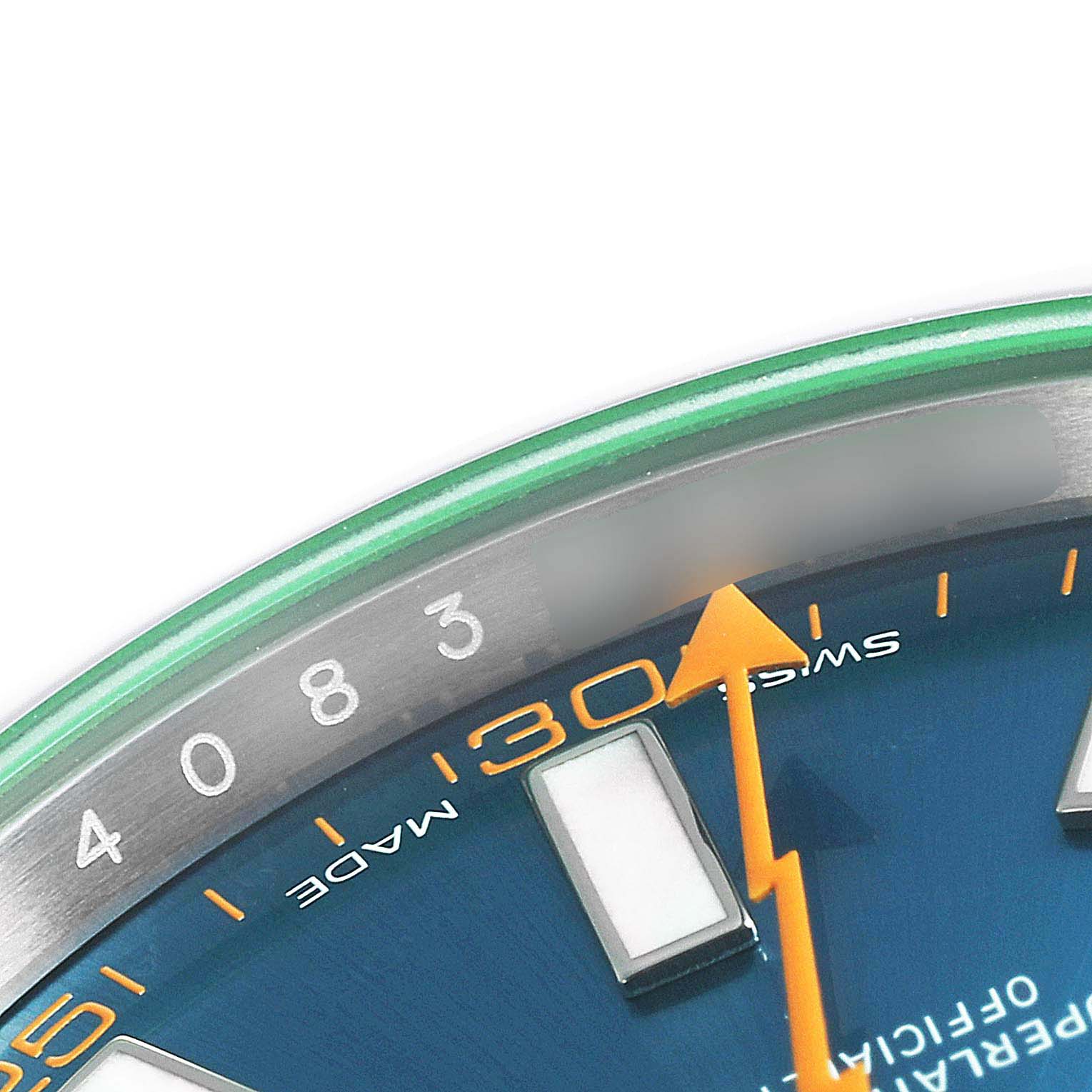 This image shows a close-up of the dial and bezel of a Rolex Milgauss 116400GV Men's Stainless Steel Blue Dial 116400GV Men's Stainless Steel Blue Dial watch, highlighting the minute markers and seconds hand.