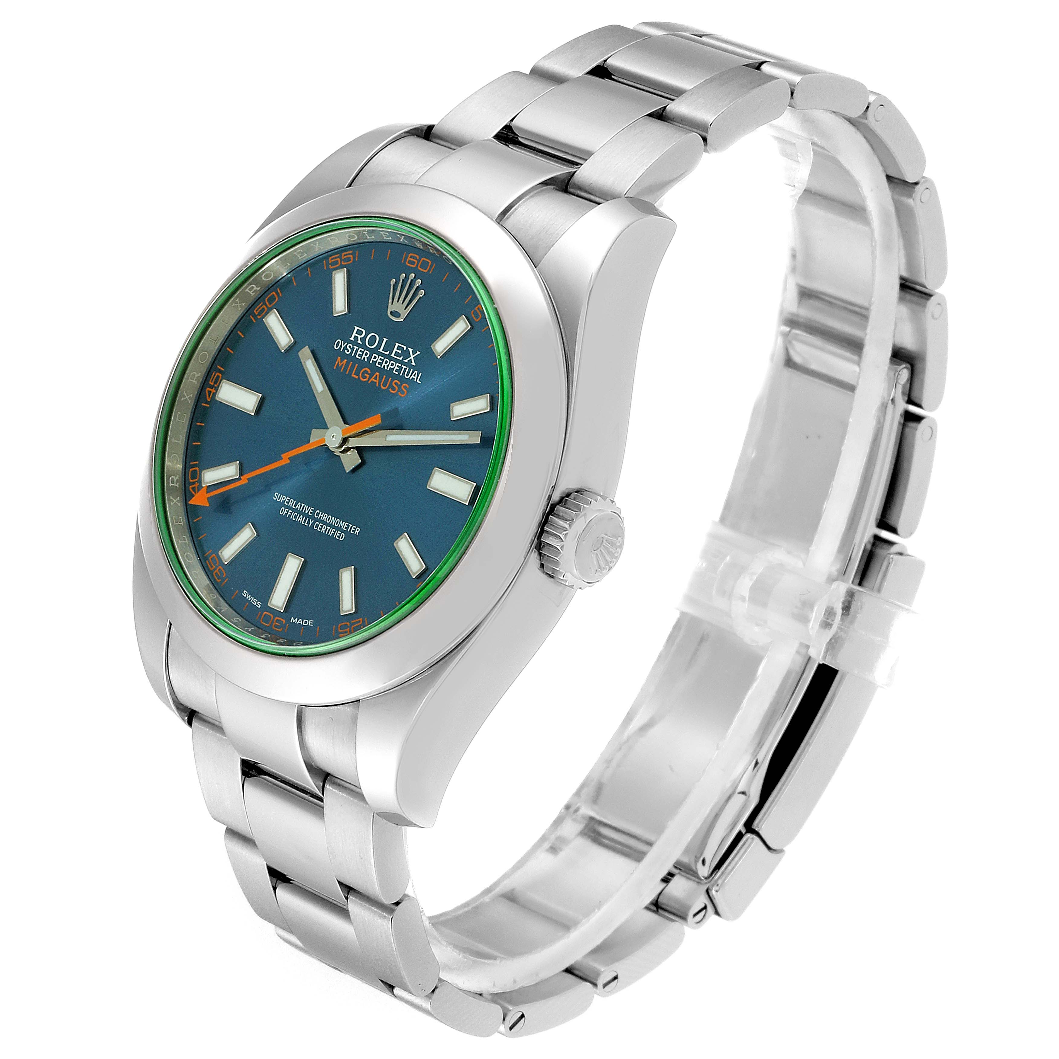 This image shows a left-side angle of a Rolex Milgauss 116400GV Men's Stainless Steel Blue Dial 116400GV Men's Stainless Steel Blue Dial watch, highlighting its face, bezel, crown, and bracelet.