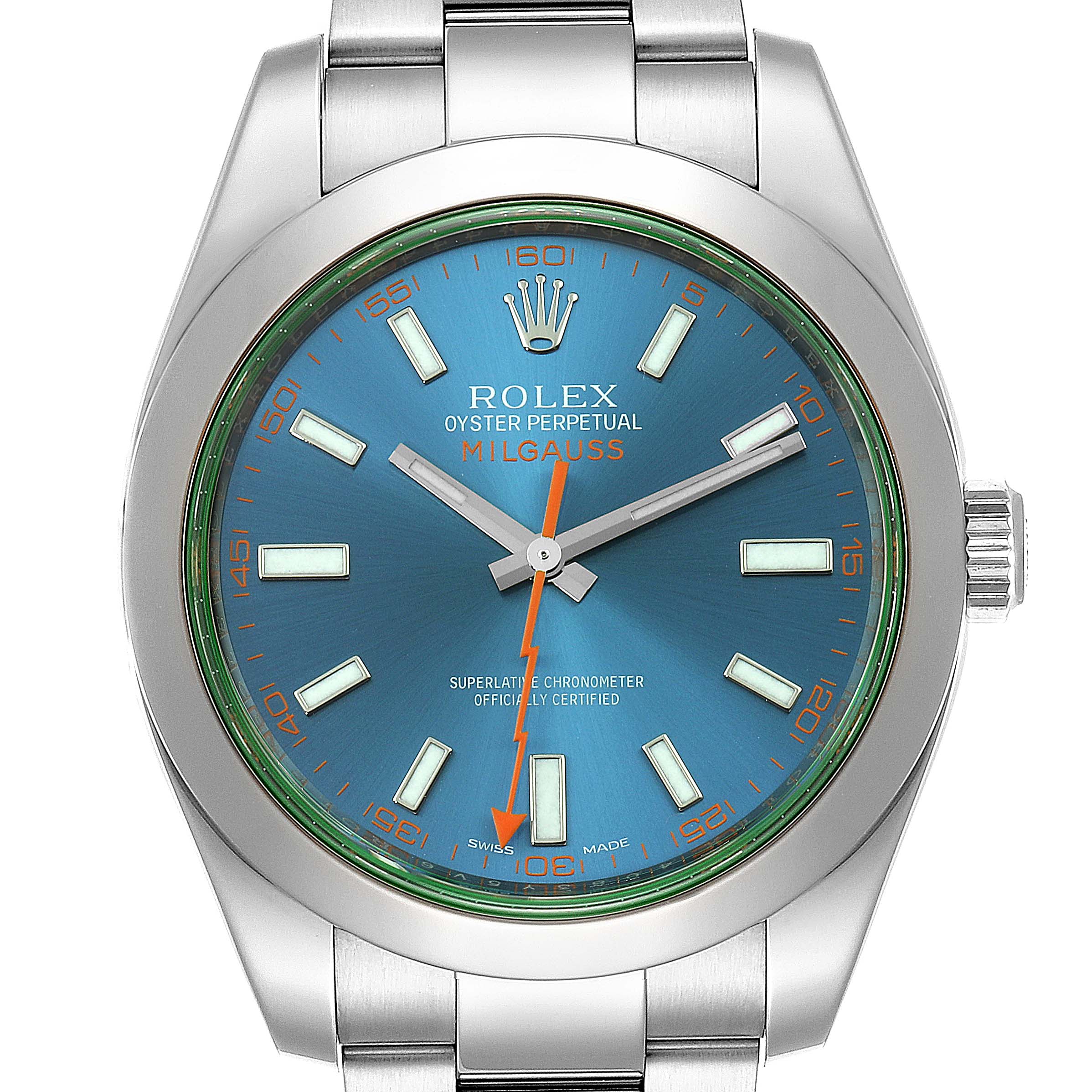 This image shows a front view of the Rolex Milgauss 116400GV Men's Stainless Steel Blue Dial 116400GV Men's Stainless Steel Blue Dial watch, displaying the face, bezel, and part of the bracelet.