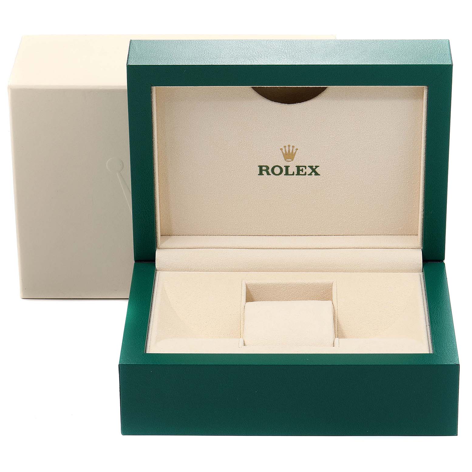 The image shows an open Rolex Milgauss 116400GV Men's Stainless Steel Blue Dial 116400GV Men's Stainless Steel Blue Dial watch box with a green exterior and a beige interior.
