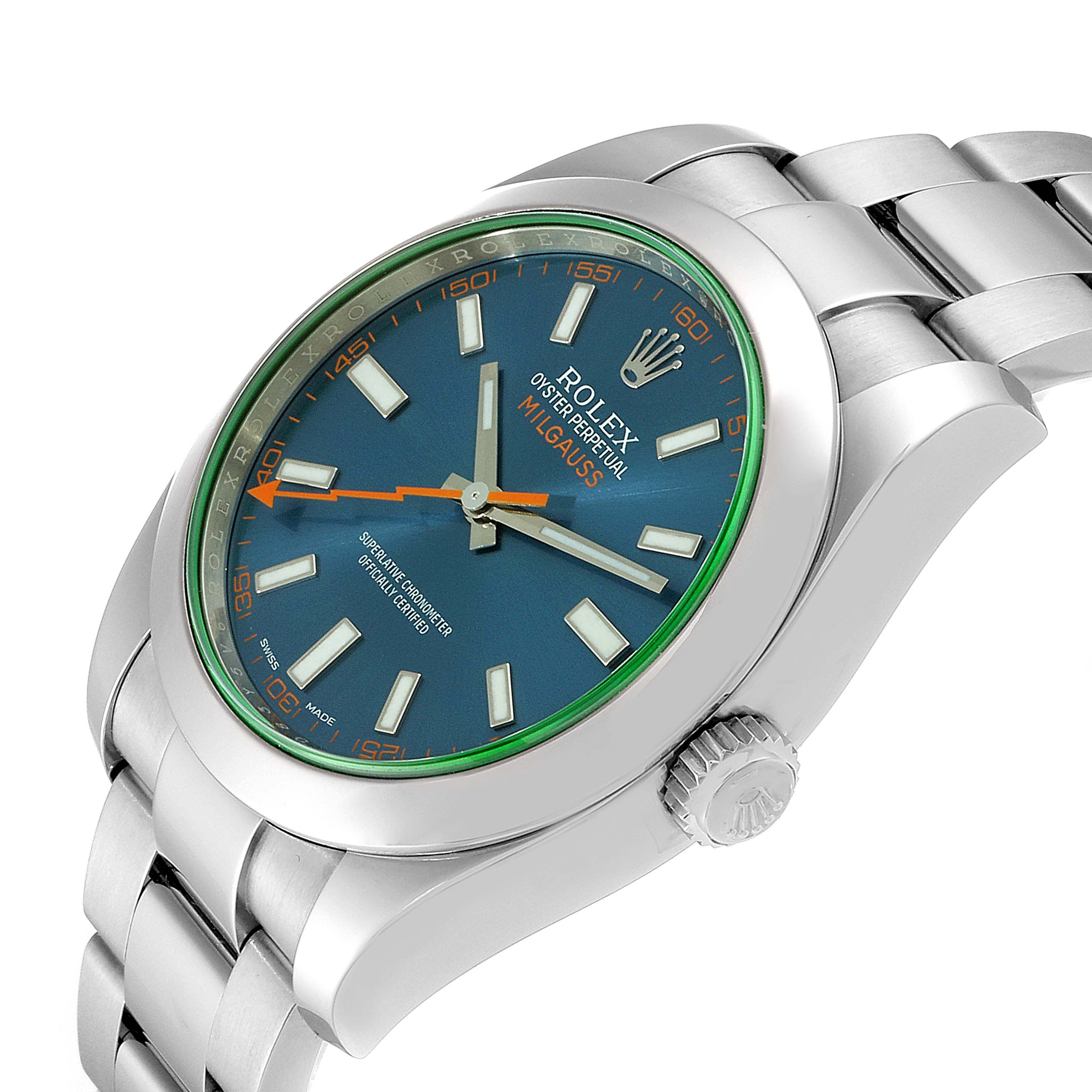 This is a side angle view of a Rolex Milgauss 116400GV Men's Stainless Steel Blue Dial 116400GV Men's Stainless Steel Blue Dial watch, showing the face, bezel, and part of the bracelet.