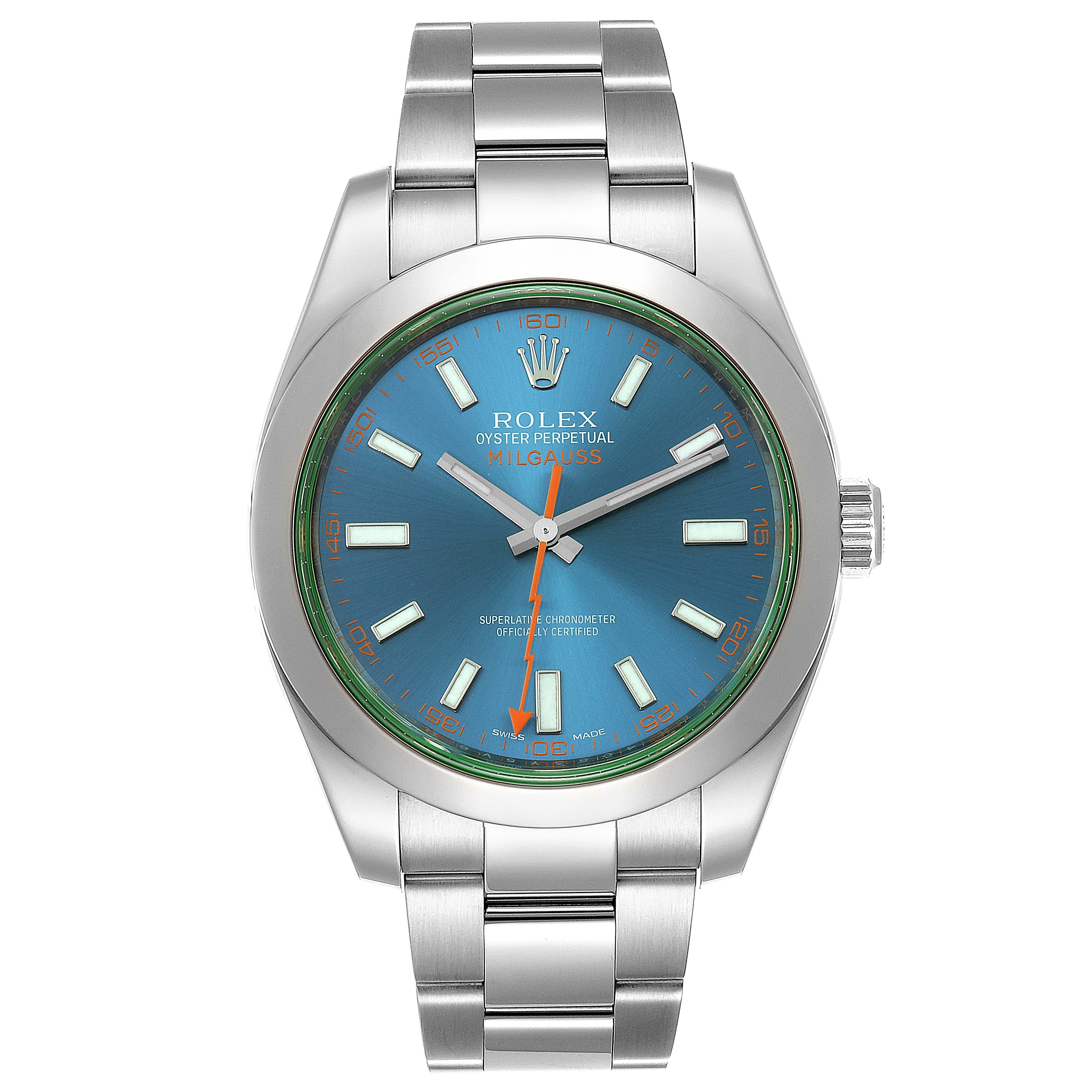 The image shows a front view of a Rolex Milgauss 116400GV Men's Stainless Steel Blue Dial 116400GV Men's Stainless Steel Blue Dial watch displaying its blue dial, orange lightning bolt second hand, and stainless steel band.
