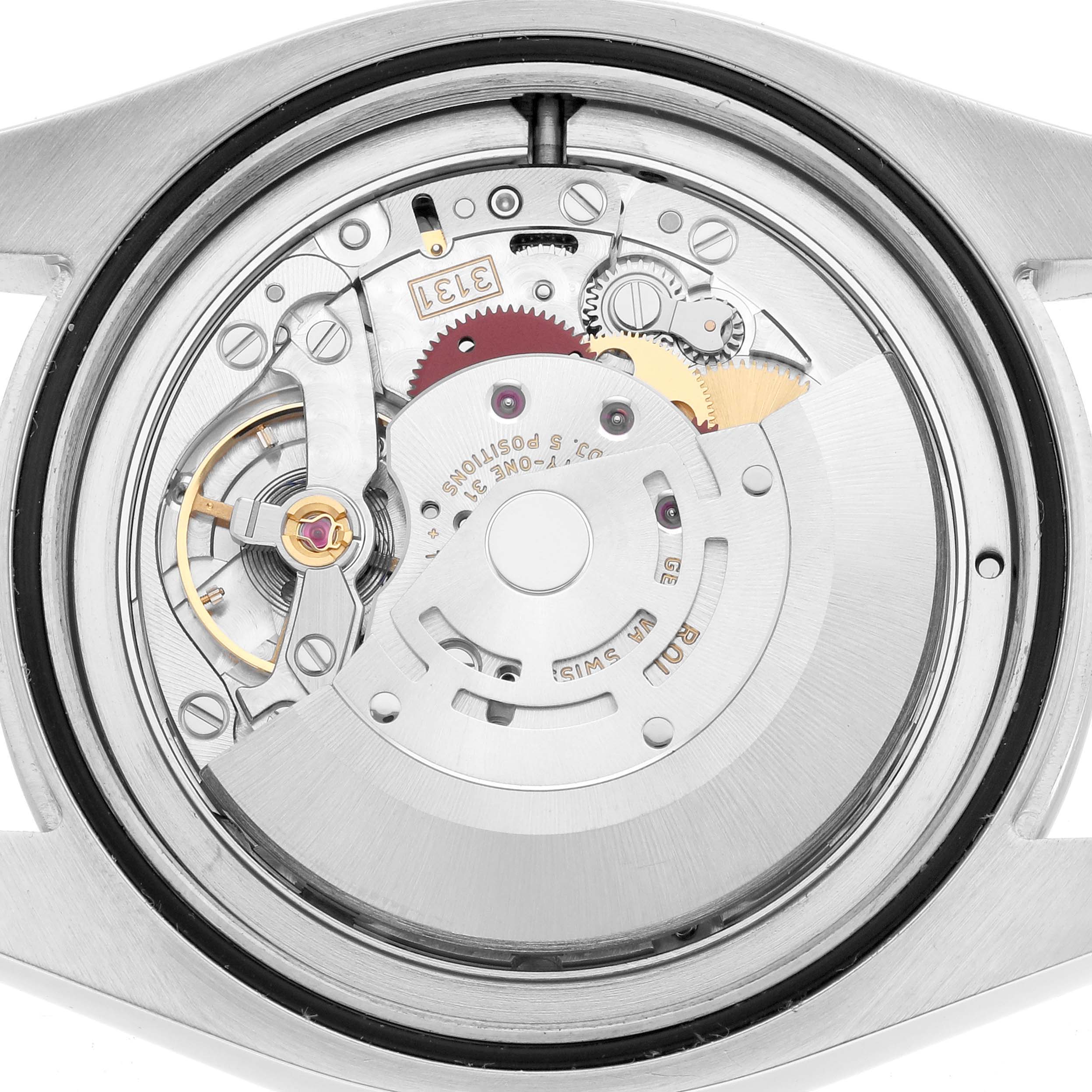The image shows the internal mechanism of a Rolex Milgauss 116400 Men's Stainless Steel Blue Dial watch from a rear, open-back view.