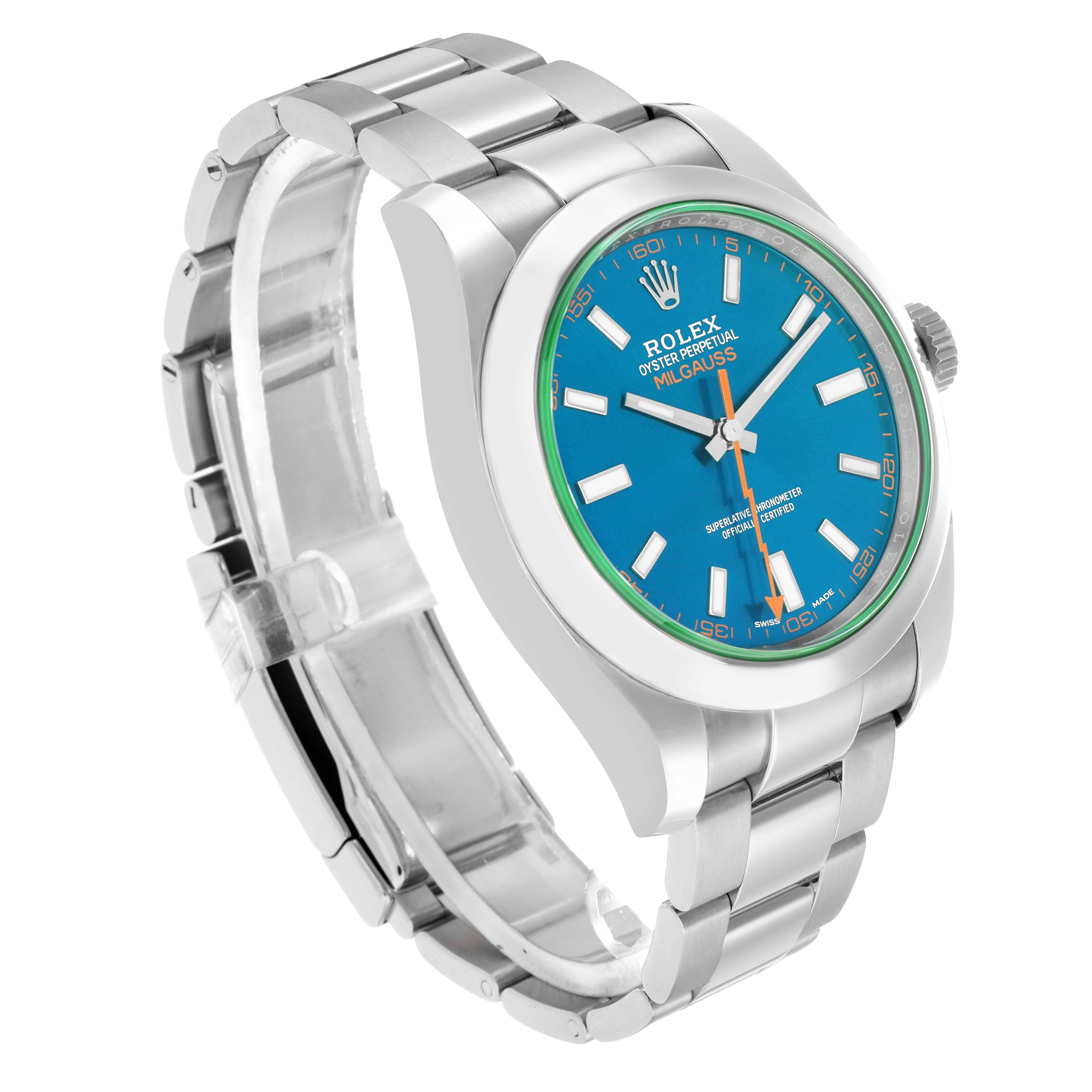 The Rolex Milgauss 116400 Men's Stainless Steel Blue Dial watch is shown at a three-quarter angle, displaying its bracelet, case, and blue dial.