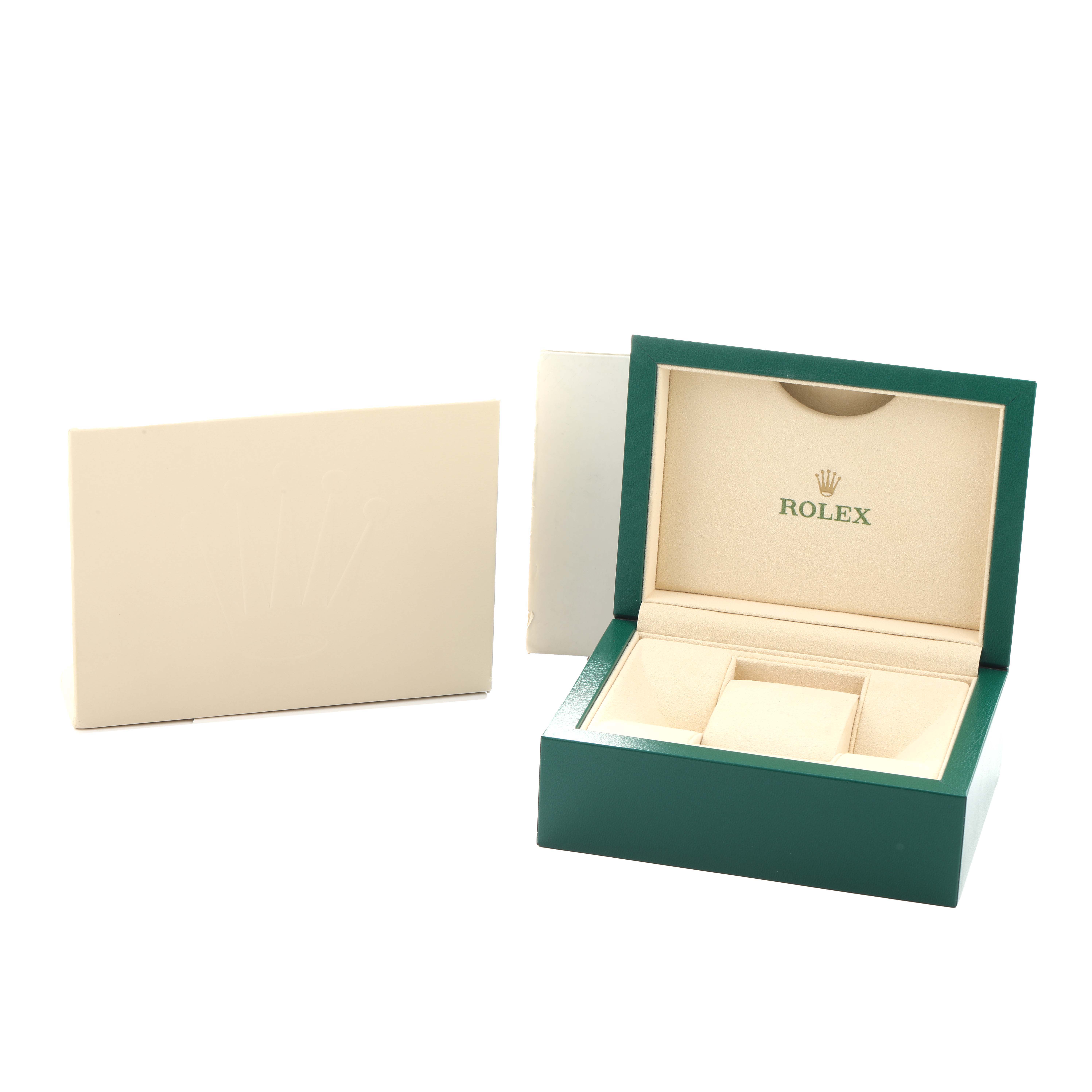 The image shows the open box and packaging for a Rolex Milgauss 116400 Men's Stainless Steel Blue Dial watch, angled slightly from the front.