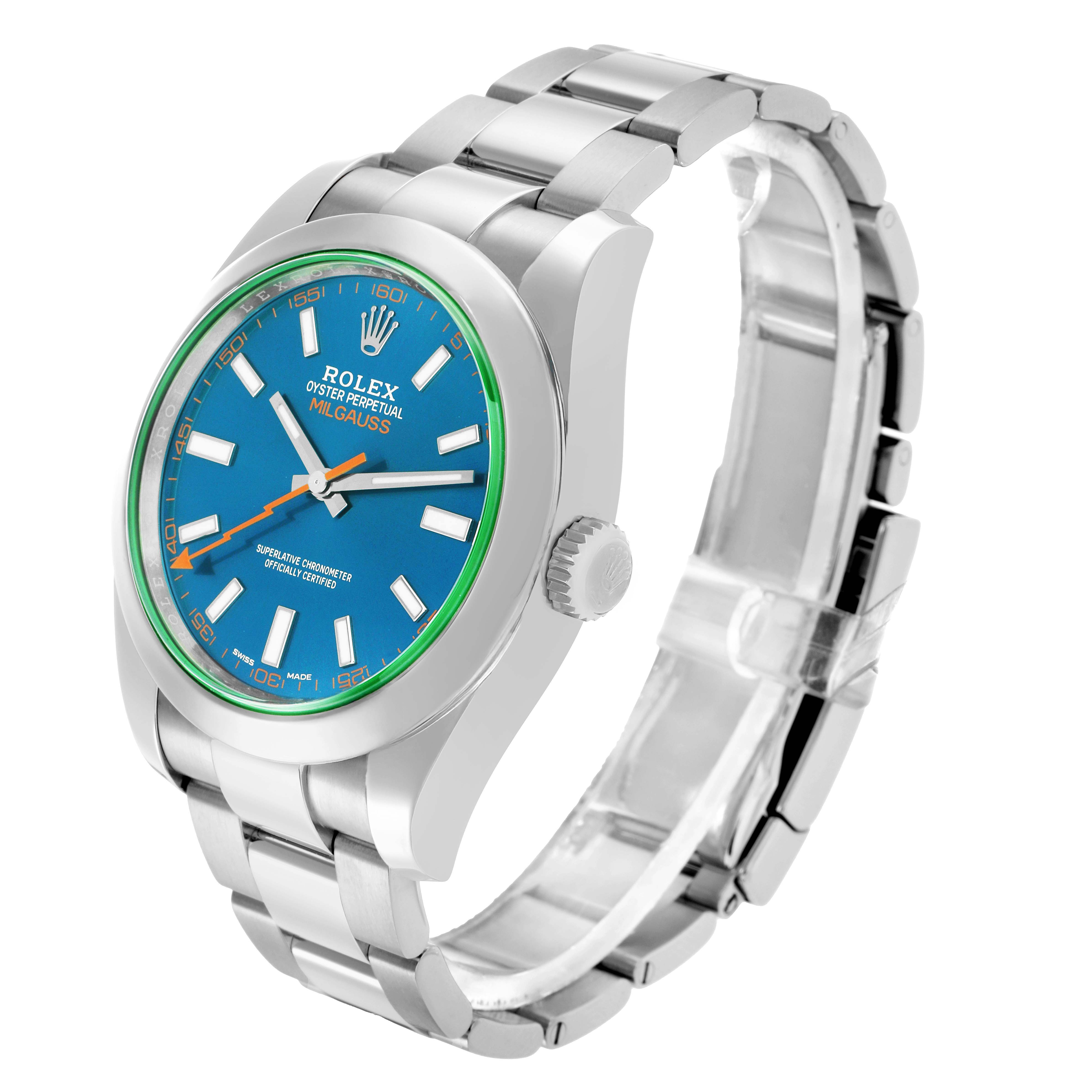 The Rolex Milgauss 116400 Men's Stainless Steel Blue Dial watch is shown at a slight side angle, displaying the face, dial, crown, and part of the bracelet.