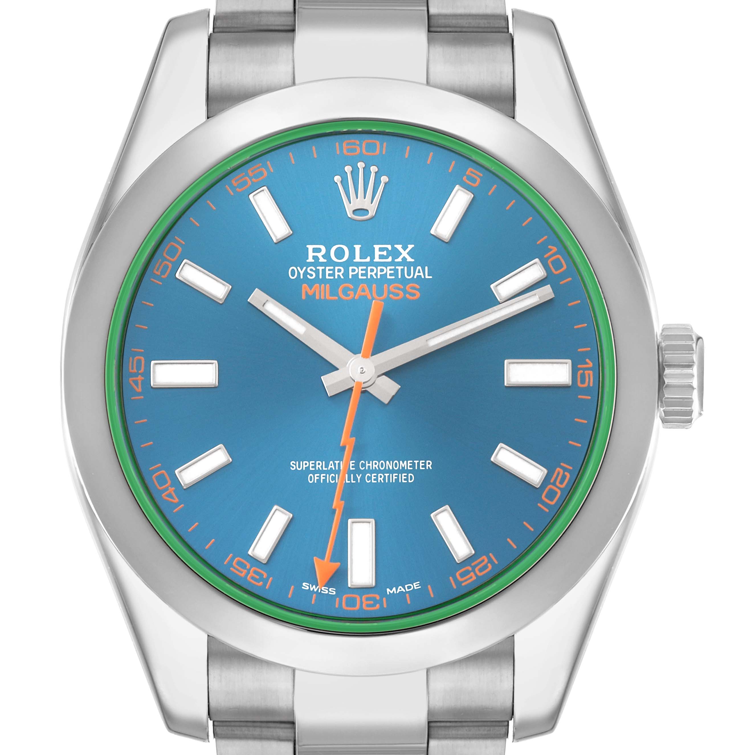 The Rolex Milgauss 116400 Men's Stainless Steel Blue Dial watch is shown from a front angle, highlighting its blue dial, orange lightning bolt second hand, and stainless steel case.