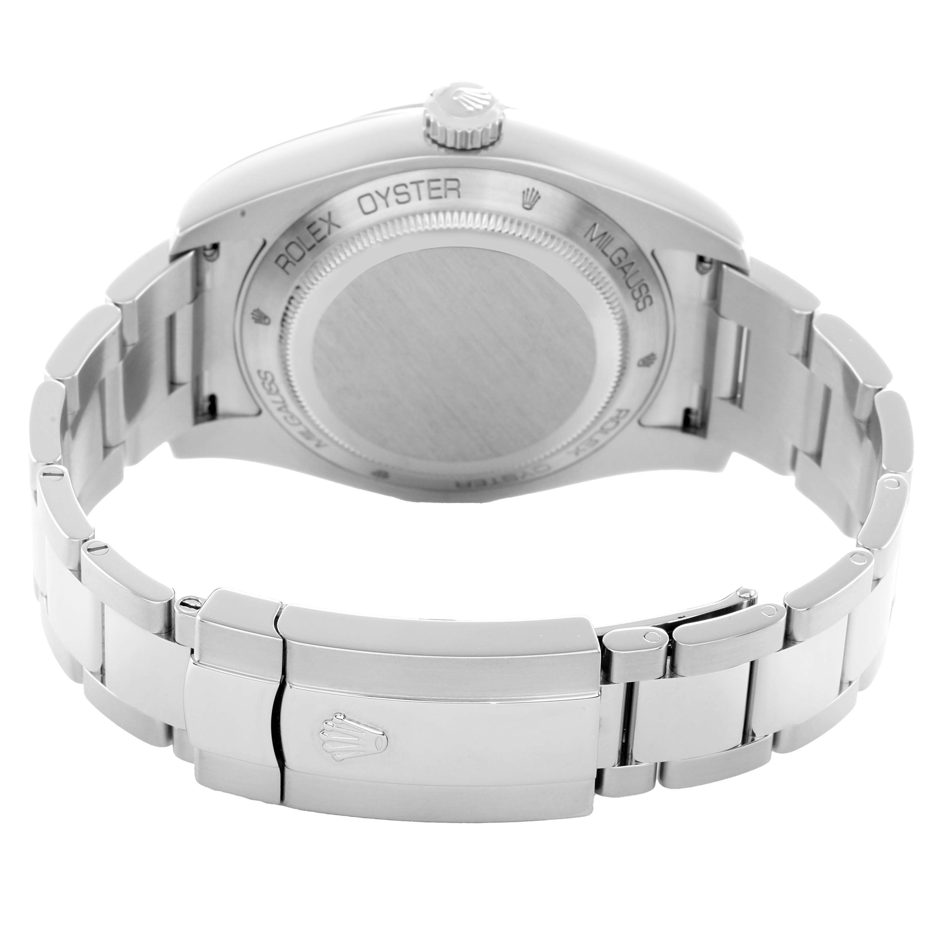 The image shows the back view of a Rolex Milgauss 116400 Men's Stainless Steel Blue Dial watch, highlighting the case back, bracelet, and clasp.