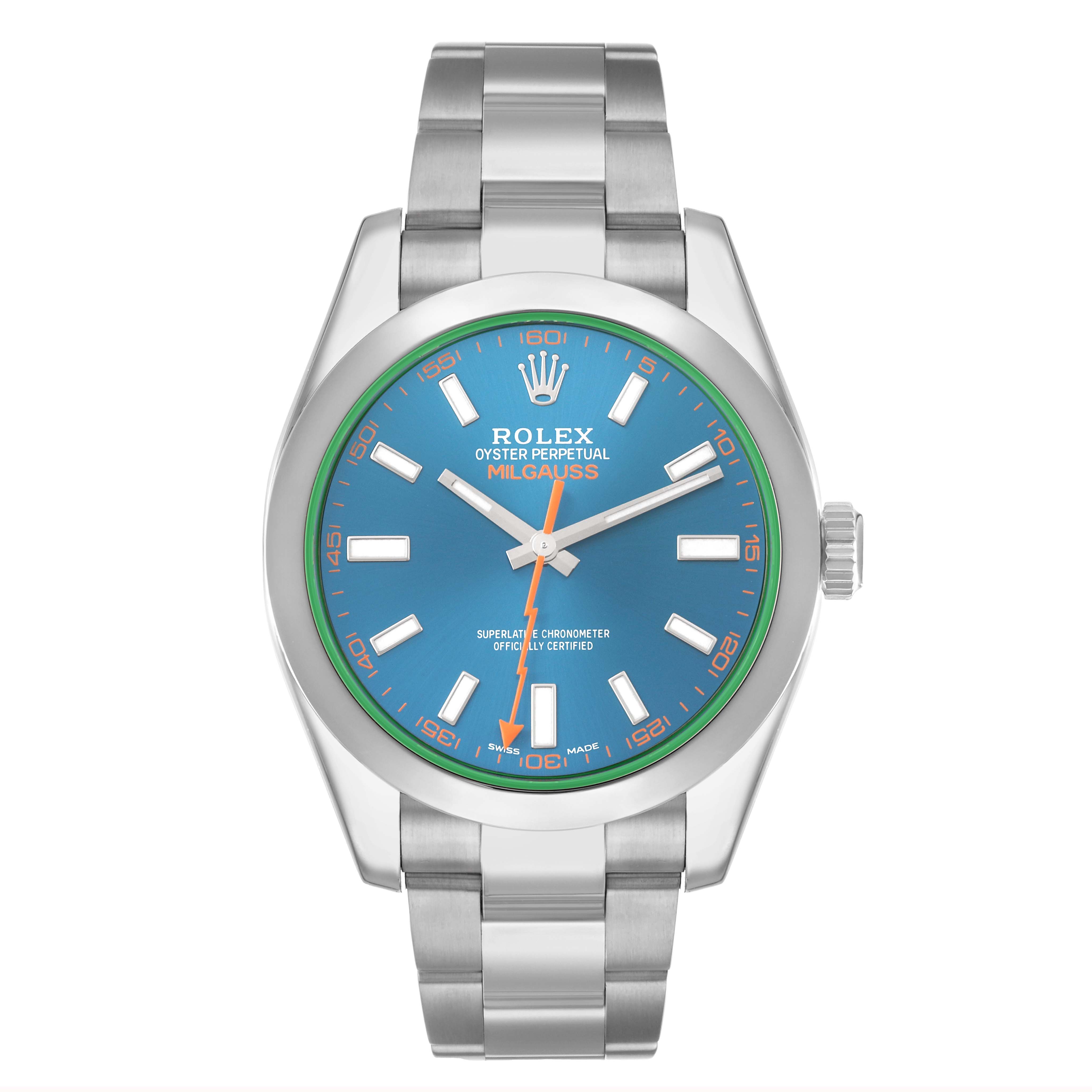 The Rolex Milgauss 116400 Men's Stainless Steel Blue Dial watch is shown from a front angle, displaying its blue dial, bracelet, and bezel.