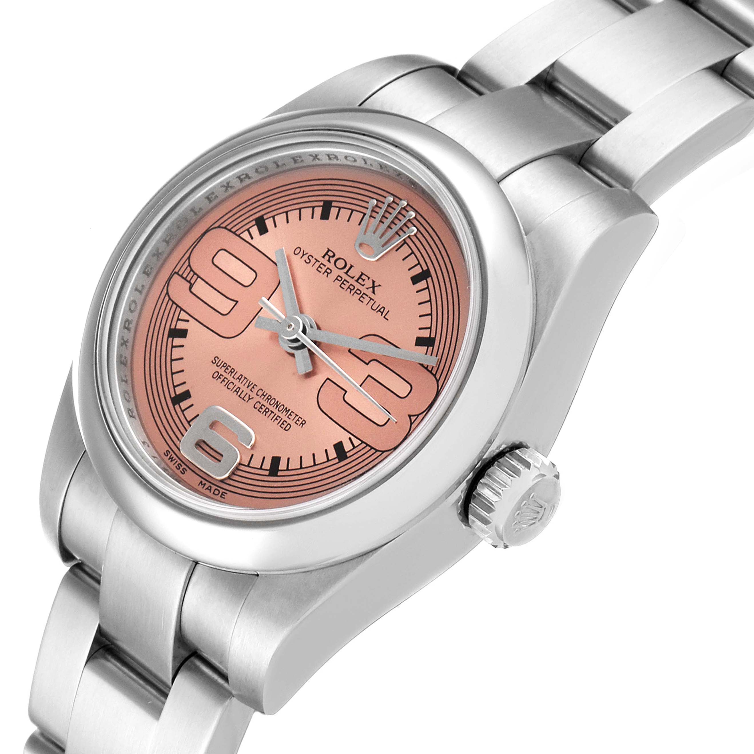 This is a close-up angled shot of the Rolex Oyster Perpetual 176200 Women's Stainless Steel Pink Dial 176200 Women's Stainless Steel Pink Dial watch, highlighting the dial, bezel, and bracelet.