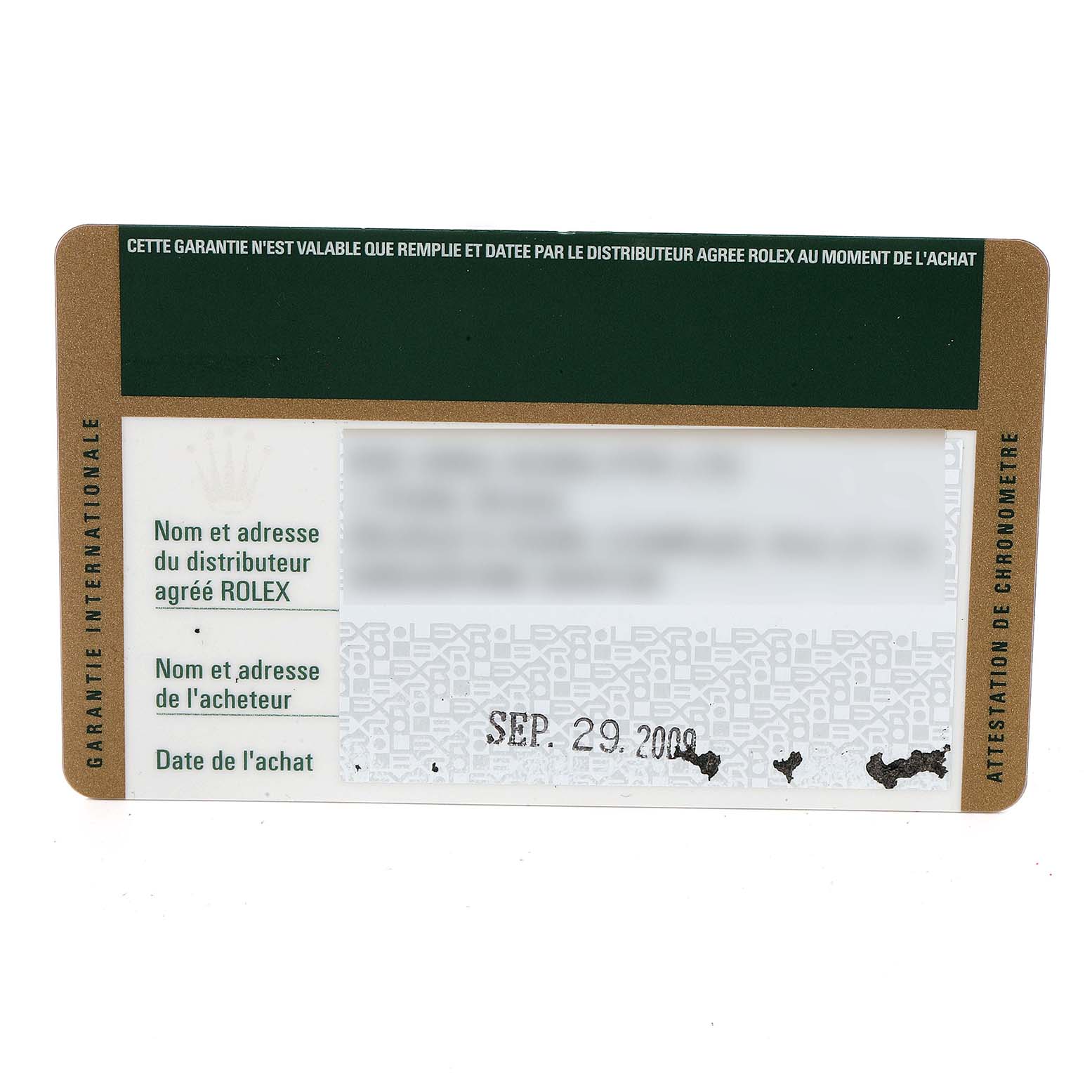 The image shows a warranty card for a Rolex Oyster Perpetual 176200 Women's Stainless Steel Pink Dial 176200 Women's Stainless Steel Pink Dial watch.