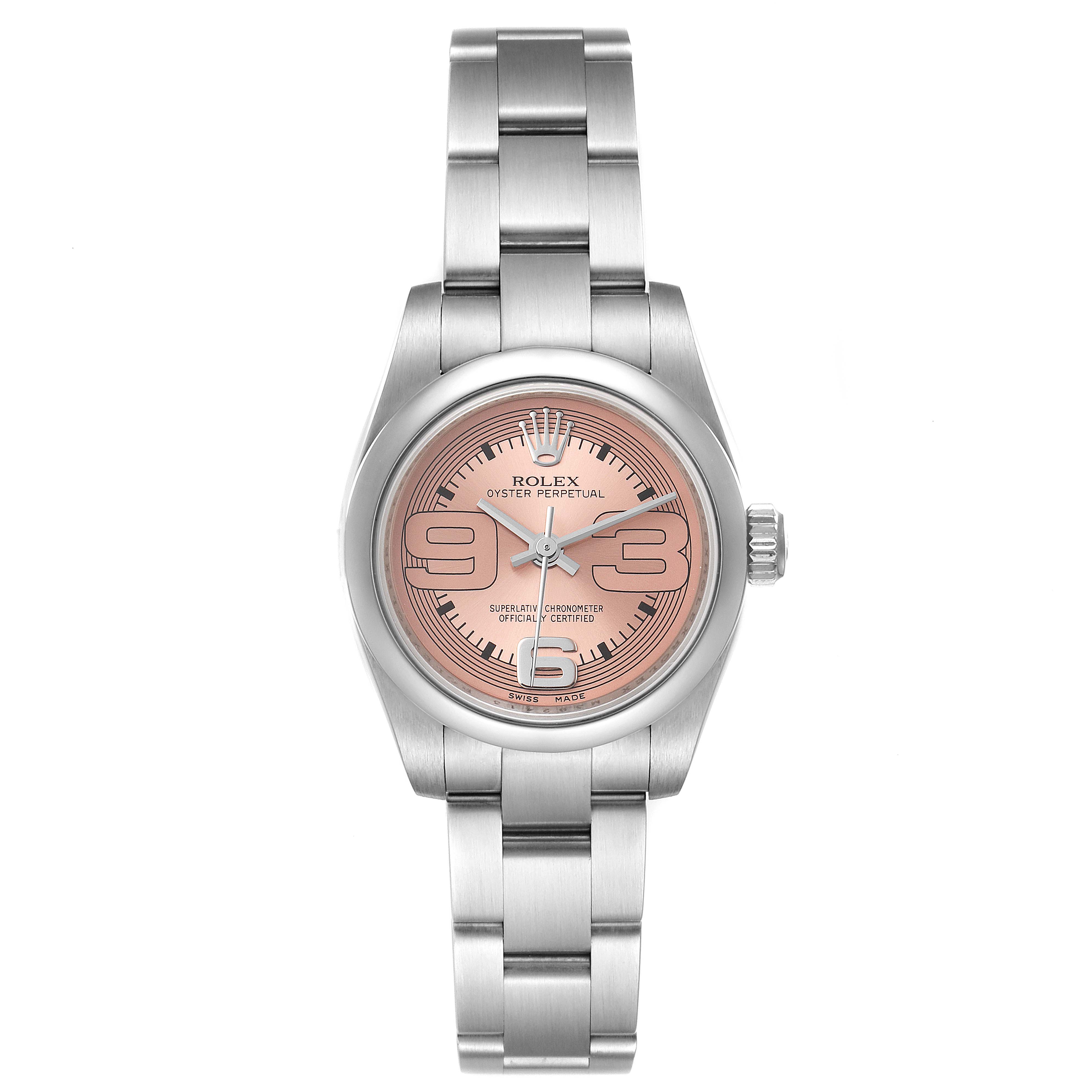 The image shows a frontal view of a Rolex Oyster Perpetual 176200 Women's Stainless Steel Pink Dial 176200 Women's Stainless Steel Pink Dial watch, highlighting its dial, case, and bracelet.