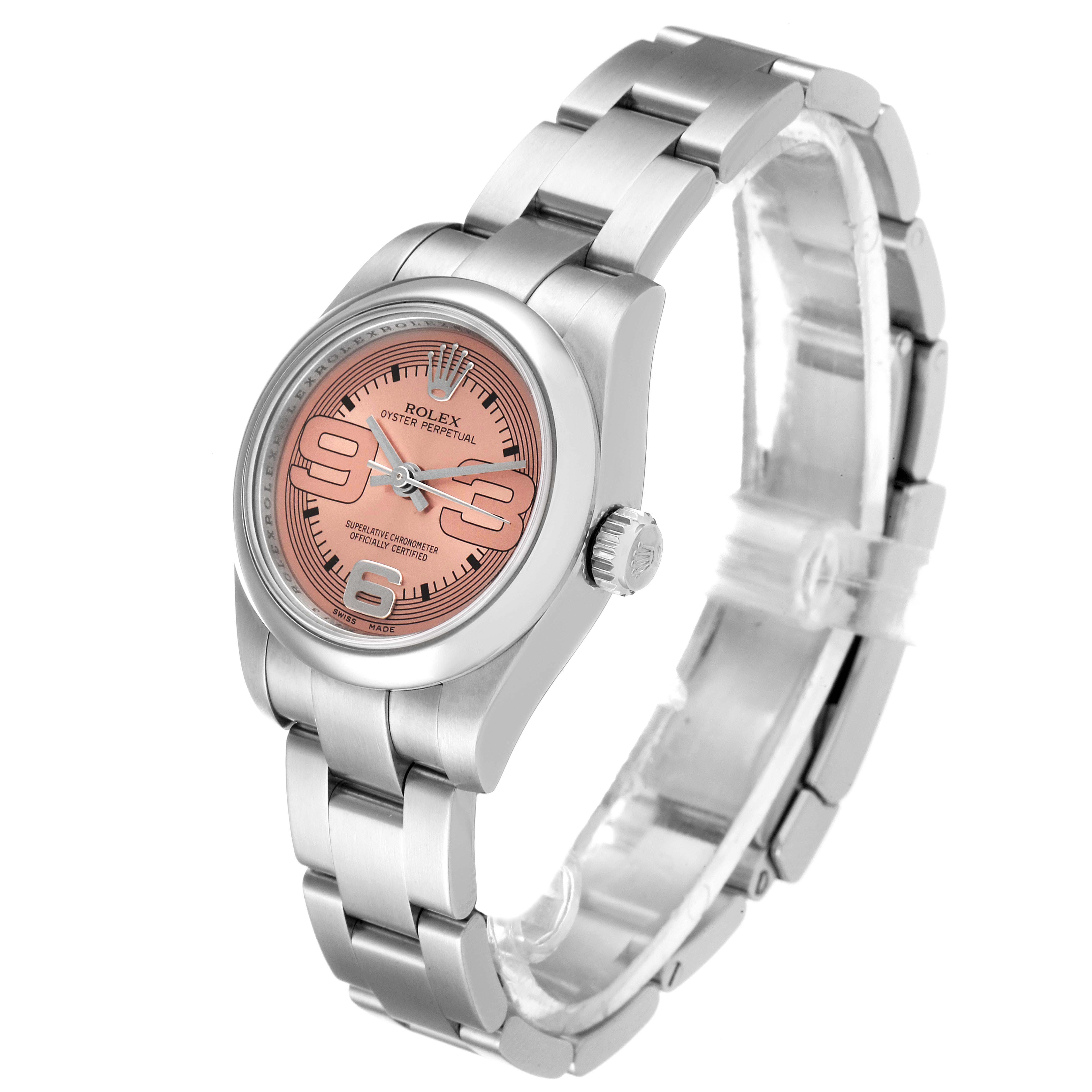 The Rolex Oyster Perpetual 176200 Women's Stainless Steel Pink Dial 176200 Women's Stainless Steel Pink Dial watch is shown at a three-quarter angle, displaying the watch face, crown, and bracelet.