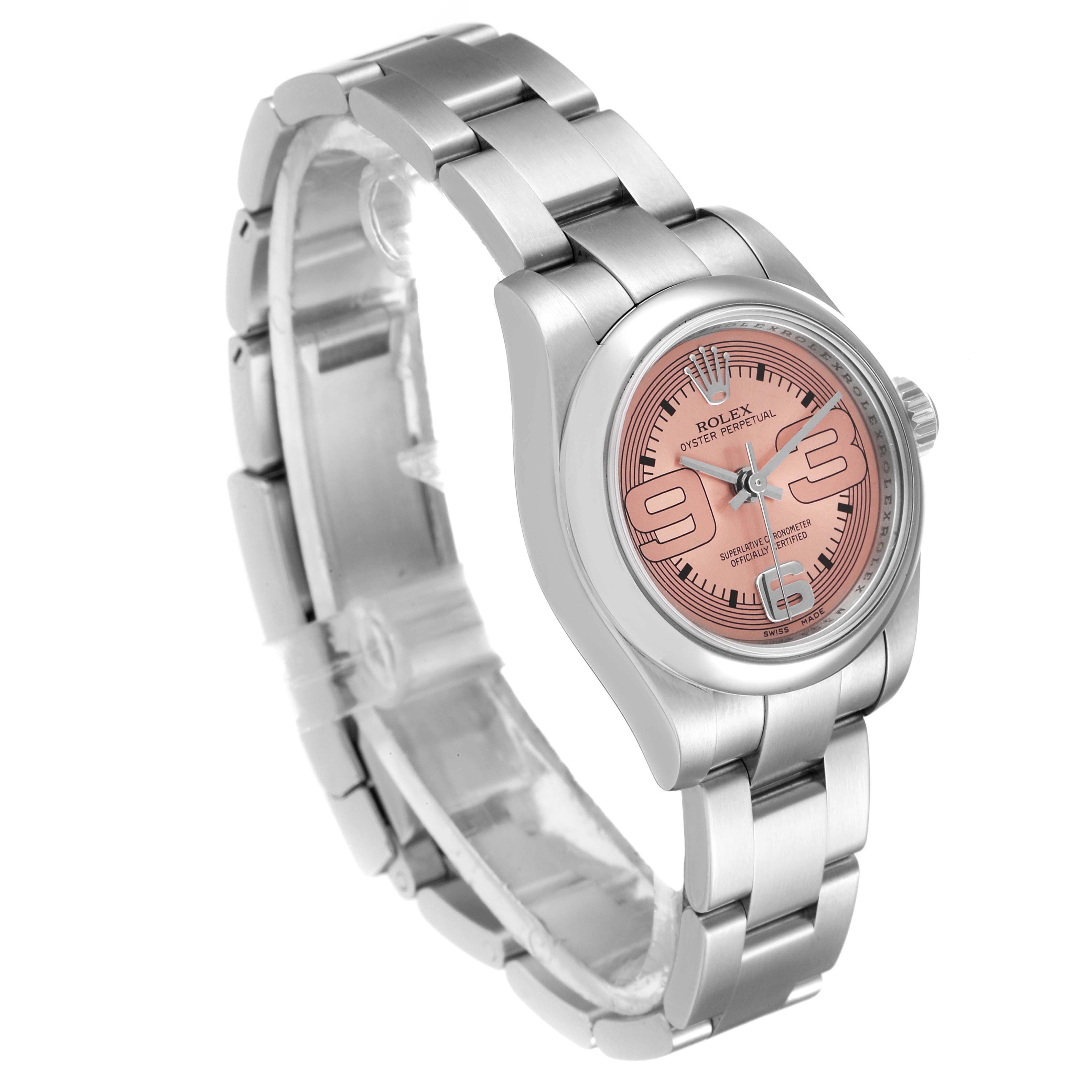 The image shows a Rolex Oyster Perpetual 176200 Women's Stainless Steel Pink Dial 176200 Women's Stainless Steel Pink Dial watch viewed at an angle displaying part of the bracelet, clasp, and the pink dial face.