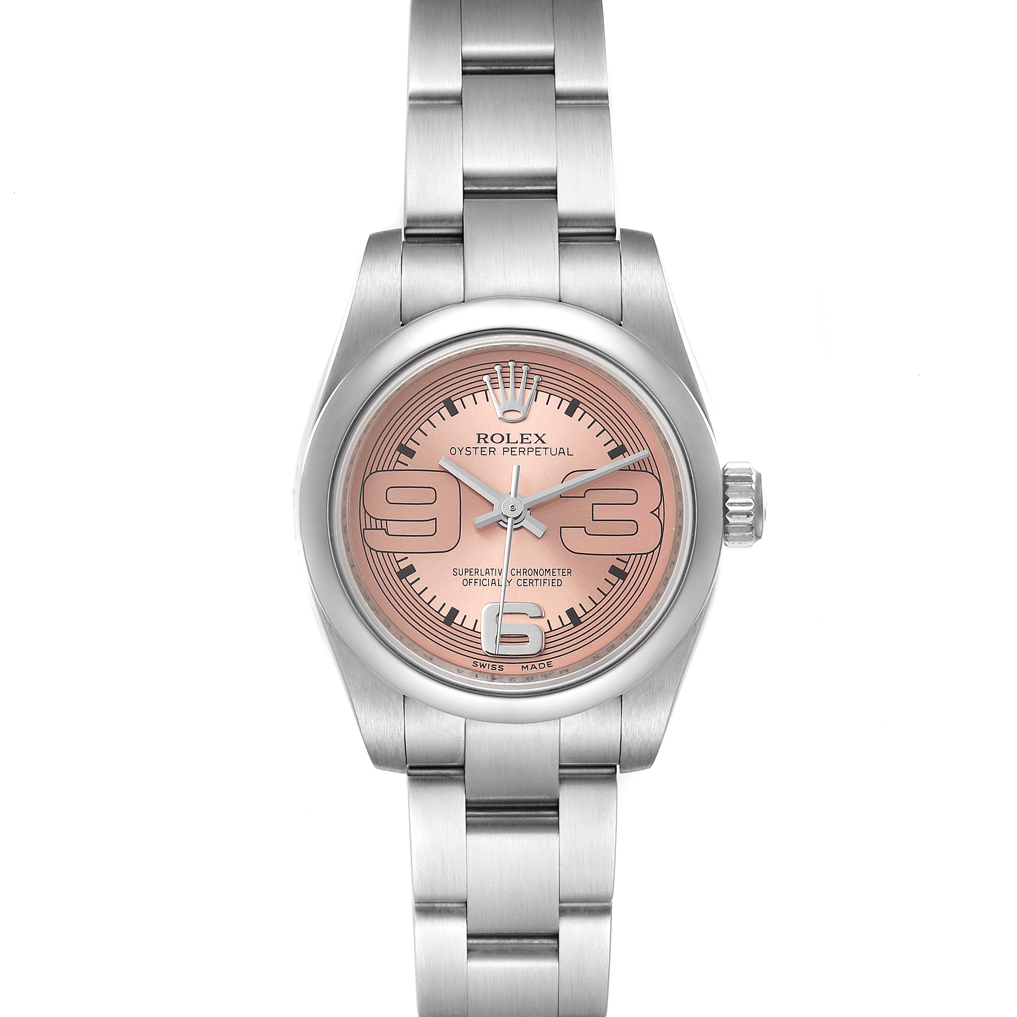 The image shows a Rolex Oyster Perpetual 176200 Women's Stainless Steel Pink Dial 176200 Women's Stainless Steel Pink Dial watch from a front angle, highlighting its face, bezel, and bracelet.