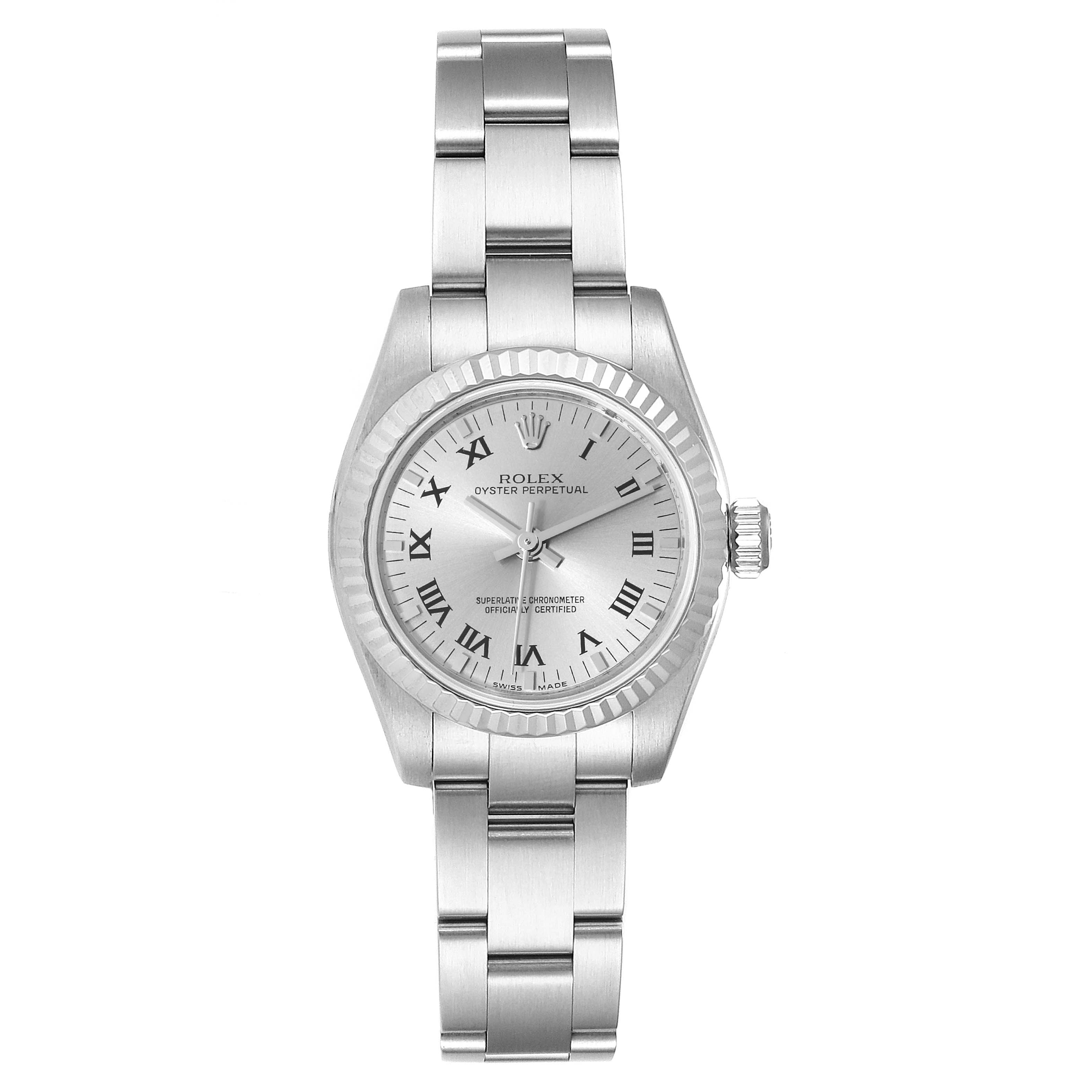 This image shows a front view of a Rolex Oyster Perpetual 176234 Women's Stainless Steel Grey Dial 176234 Women's Stainless Steel Grey Dial watch, displaying its face, bezel, and bracelet.