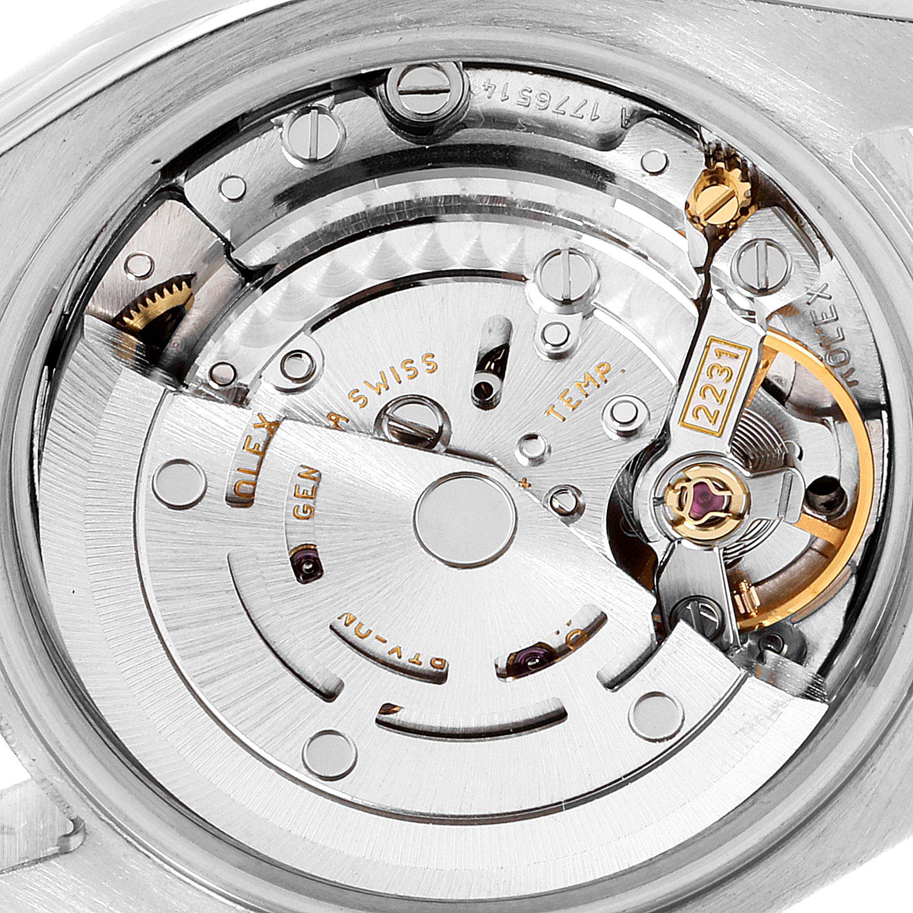 This image shows the internal movement mechanism of a Rolex Oyster Perpetual 176234 Women's Stainless Steel Grey Dial 176234 Women's Stainless Steel Grey Dial watch at a close-up angle.