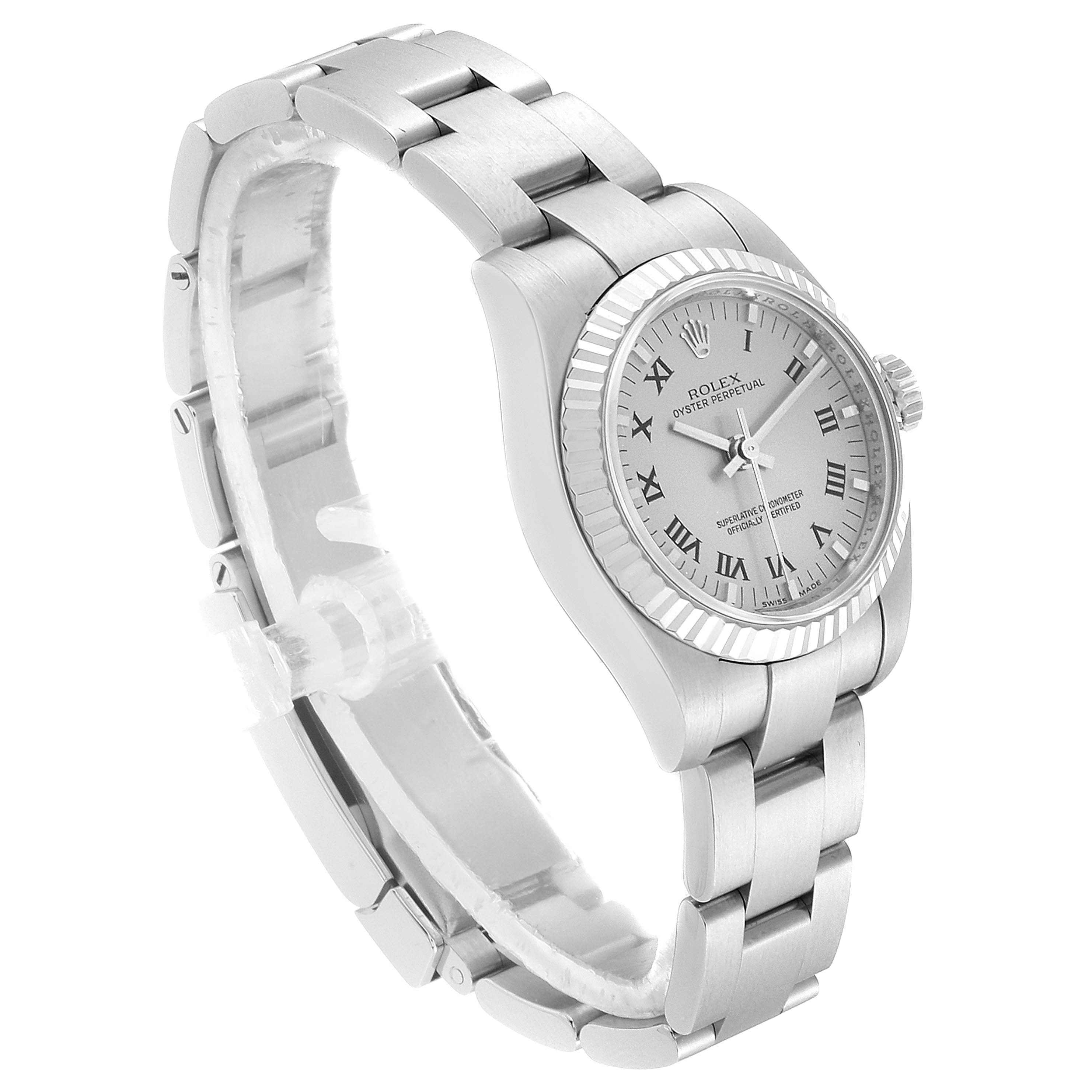 The Rolex Oyster Perpetual 176234 Women's Stainless Steel Grey Dial 176234 Women's Stainless Steel Grey Dial watch is shown at a slight angle, highlighting the face, bezel, and part of the bracelet.