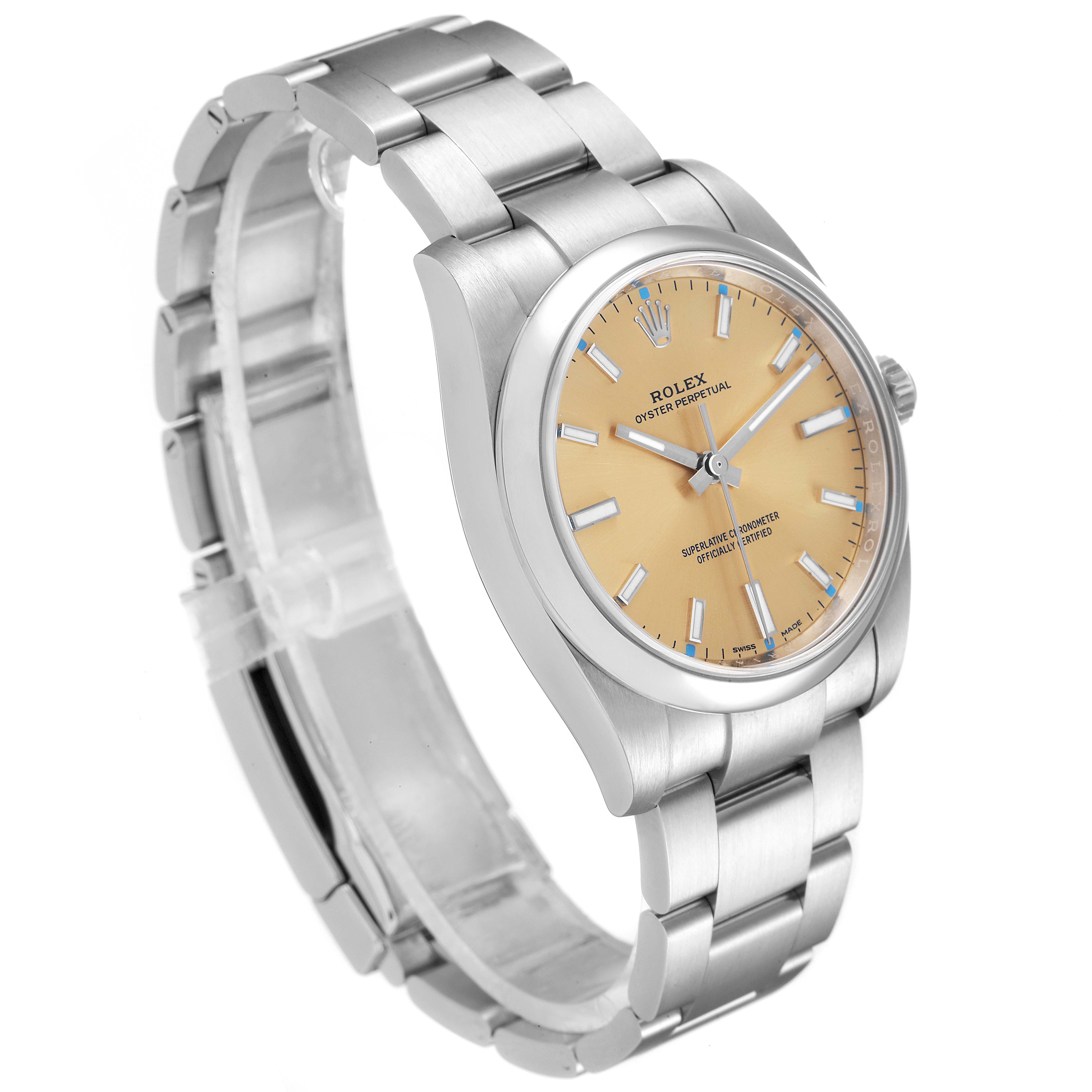 This image shows an angled side view of a Rolex Oyster Perpetual 114200 Men's Stainless Steel Champagne Dial 114200 Men's Stainless Steel Champagne Dial watch, highlighting its bracelet and dial face.