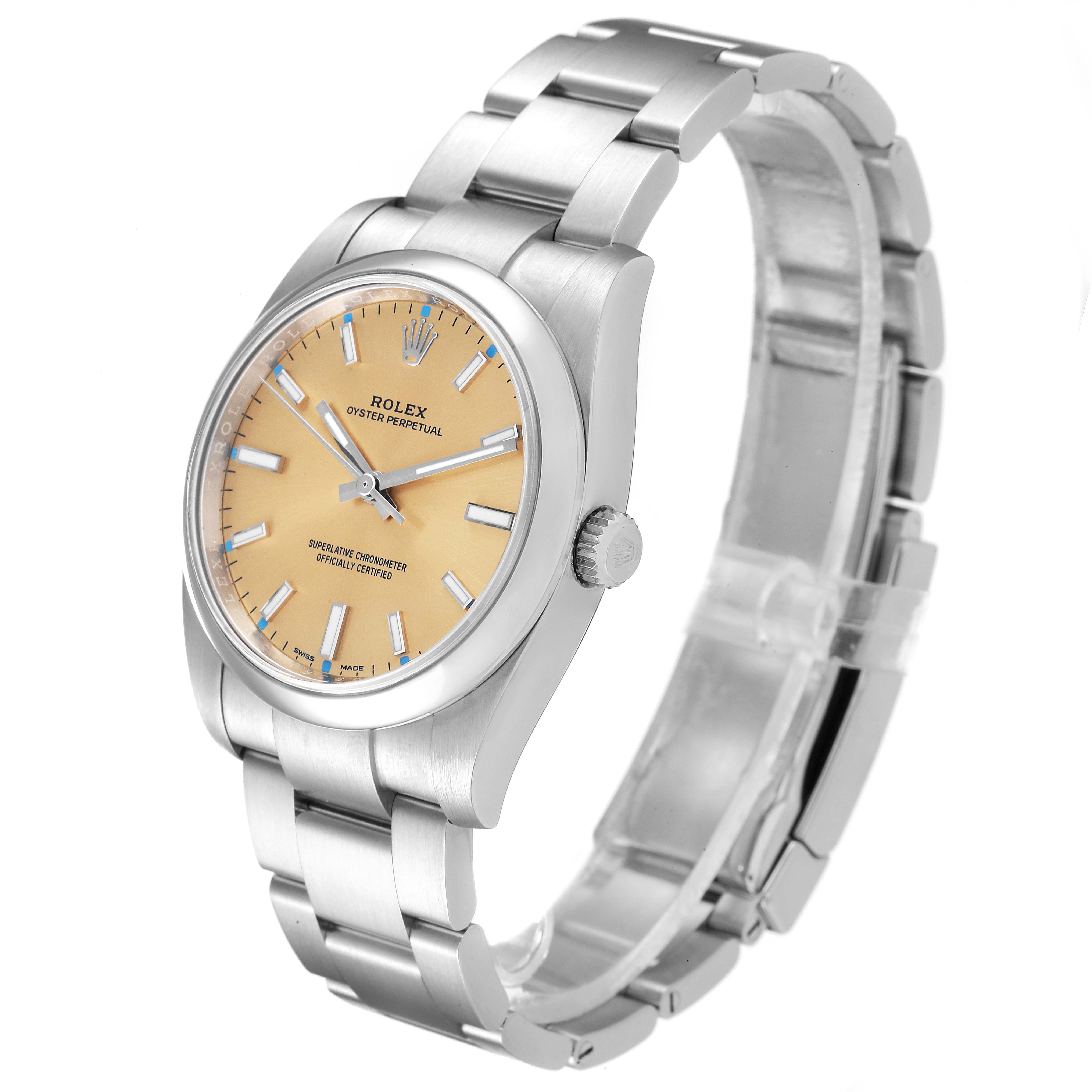 This image shows a Rolex Oyster Perpetual 114200 Men's Stainless Steel Champagne Dial 114200 Men's Stainless Steel Champagne Dial watch angled slightly from the side, showcasing its face, bracelet, and crown.