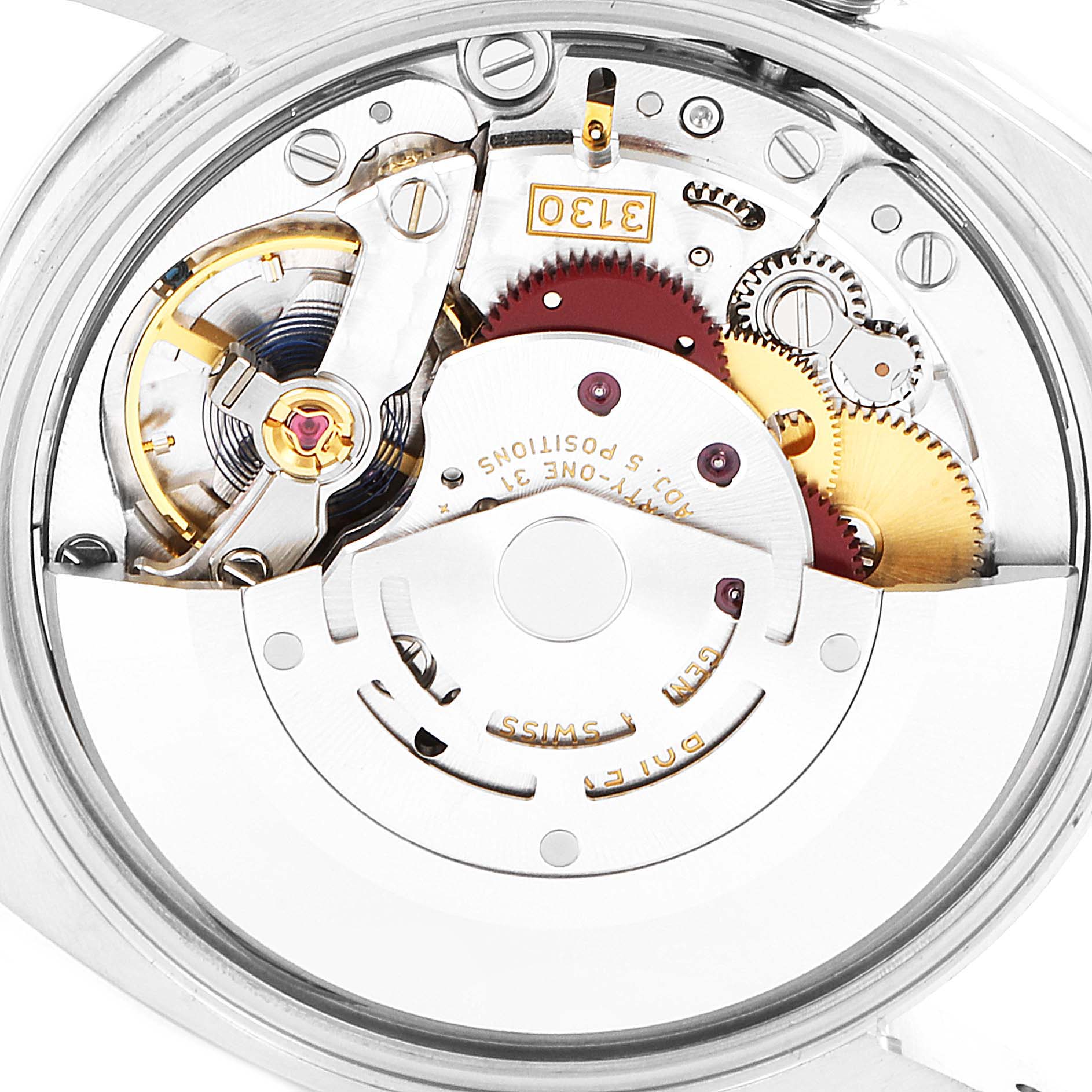 This image shows the intricate inner movement and gears of the Rolex Oyster Perpetual 114200 Men's Stainless Steel Champagne Dial 114200 Men's Stainless Steel Champagne Dial watch from a top-down angle.