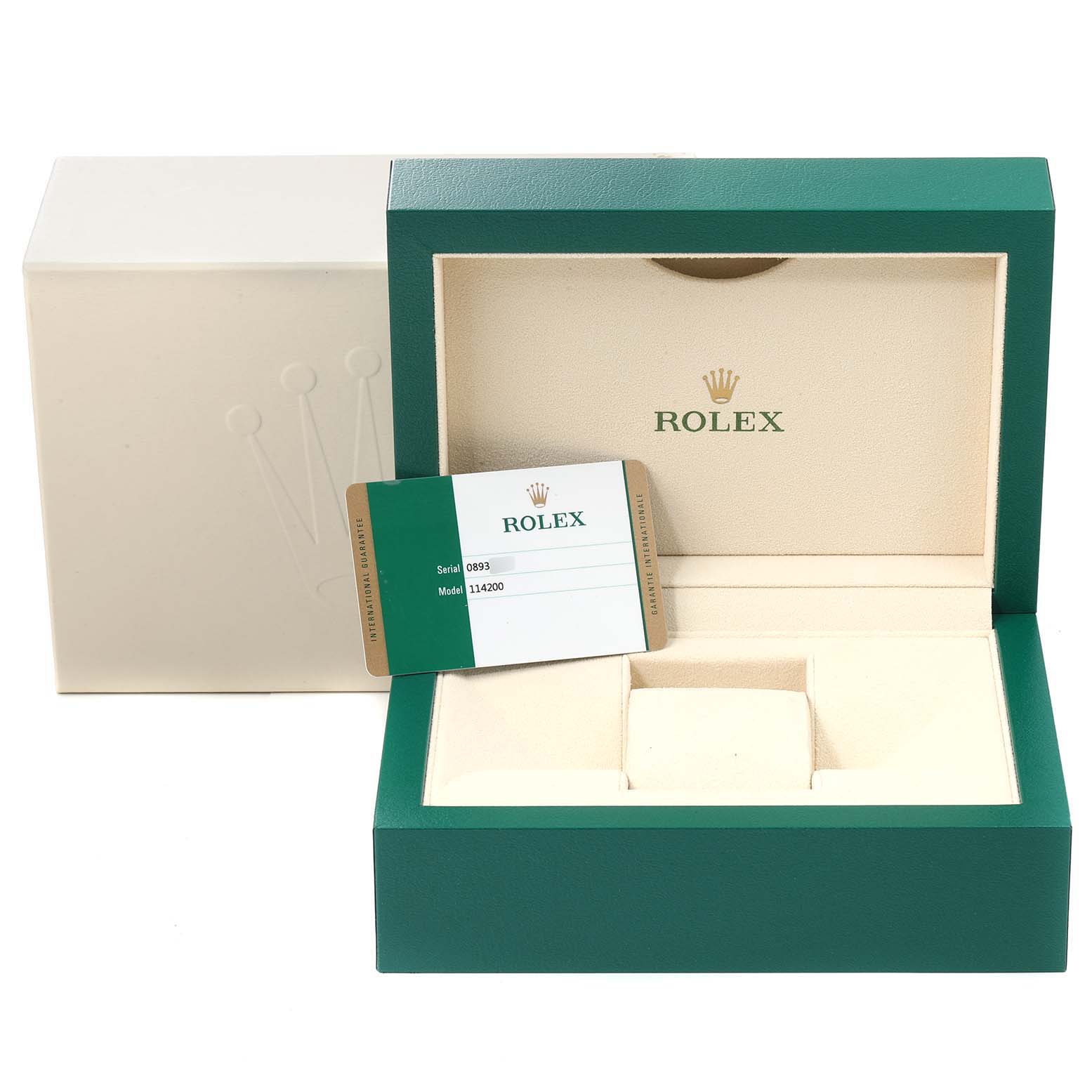 The image shows the packaging and authenticity card for a Rolex Oyster Perpetual 114200 Men's Stainless Steel Champagne Dial 114200 Men's Stainless Steel Champagne Dial watch.