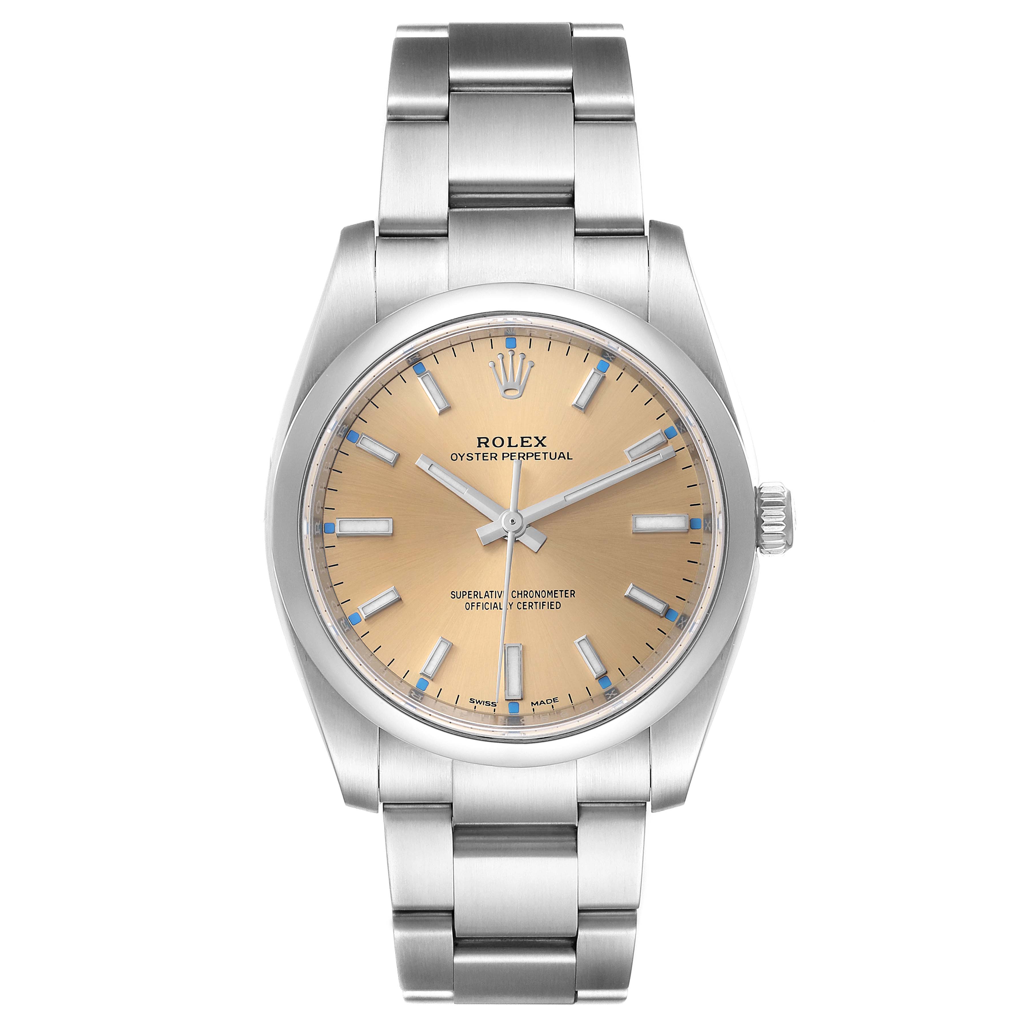 This image shows a front view of a Rolex Oyster Perpetual 114200 Men's Stainless Steel Champagne Dial 114200 Men's Stainless Steel Champagne Dial watch, highlighting its silver bracelet and champagne dial.