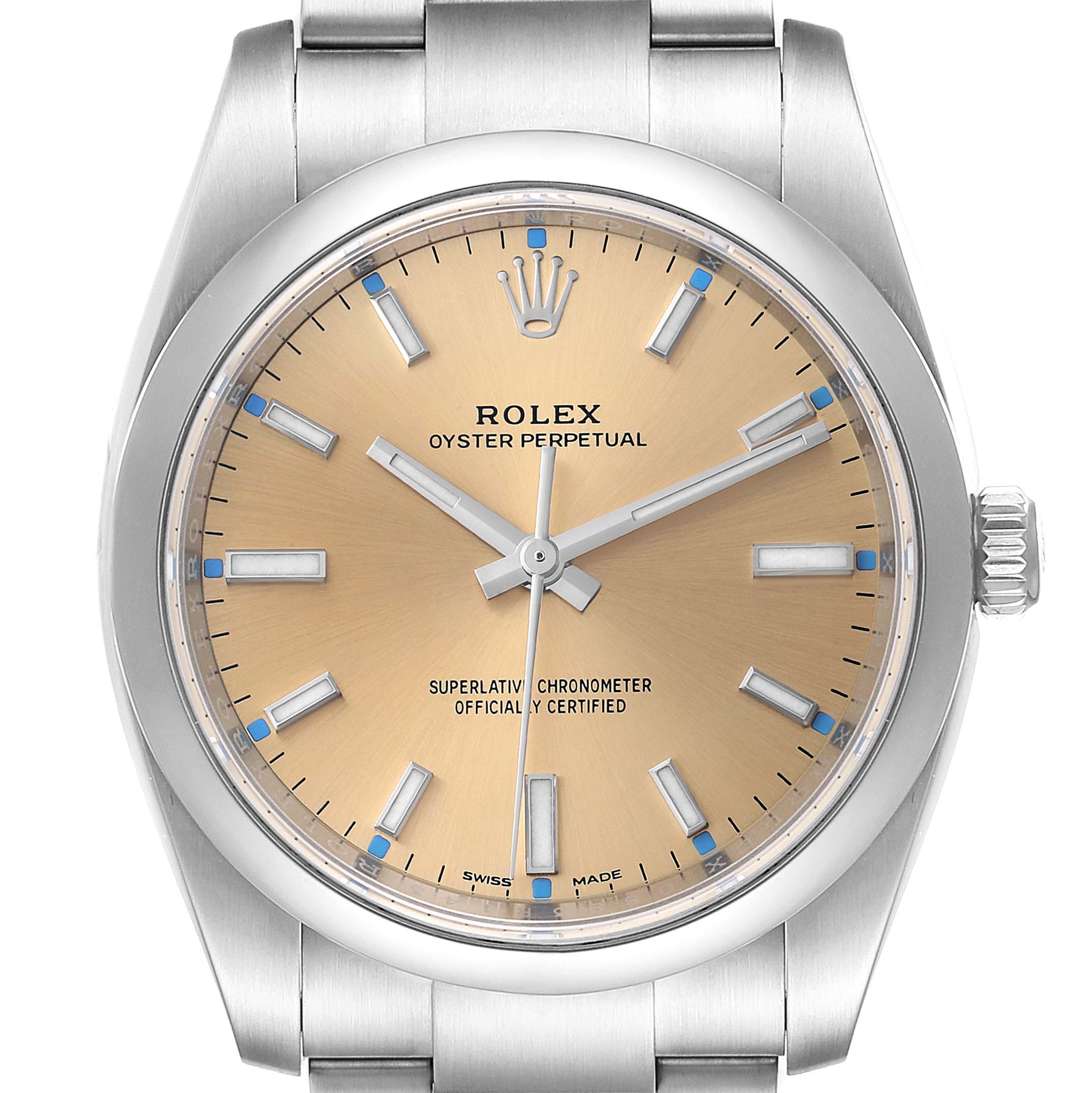 The image shows the dial and bezel of the Rolex Oyster Perpetual 114200 Men's Stainless Steel Champagne Dial 114200 Men's Stainless Steel Champagne Dial watch from a front angle.