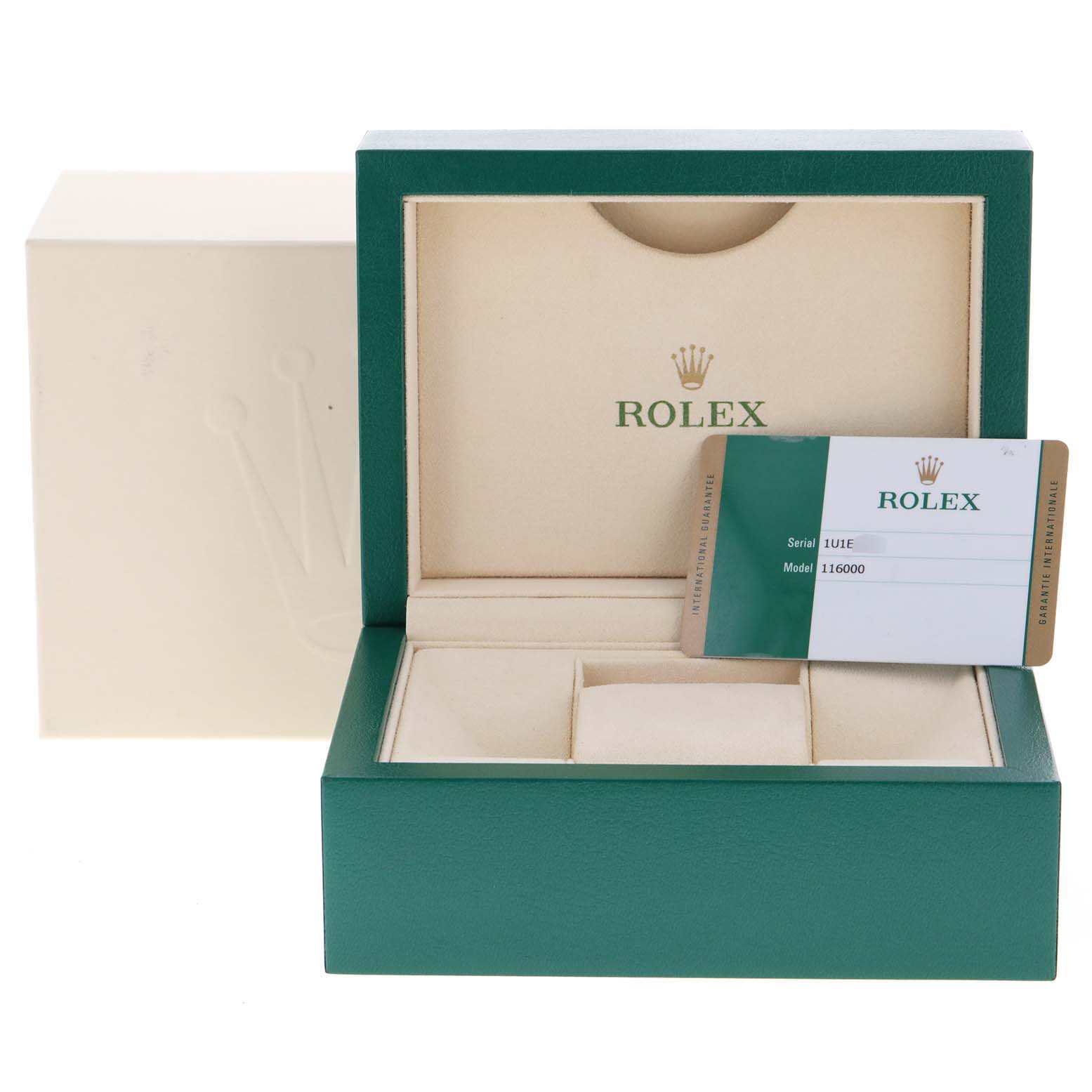 The image shows the packaging, including the box and warranty card, for a Rolex Oyster Perpetual 116000 Men's Stainless Steel Champagne Dial 116000 Men's Stainless Steel Champagne Dial watch.