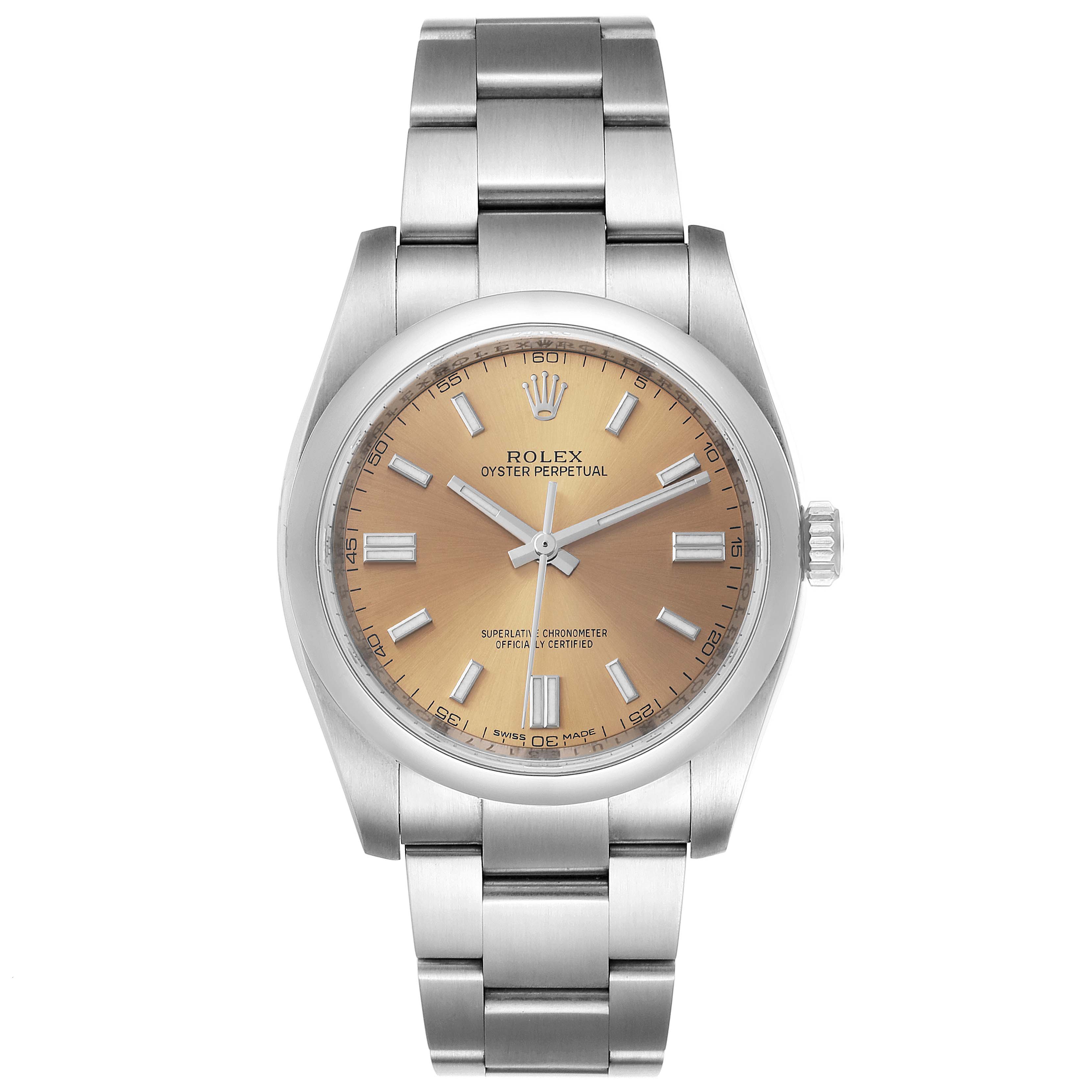 The image shows a front view of a Rolex Oyster Perpetual 116000 Men's Stainless Steel Champagne Dial 116000 Men's Stainless Steel Champagne Dial watch, highlighting its dial, bezel, case, and bracelet.