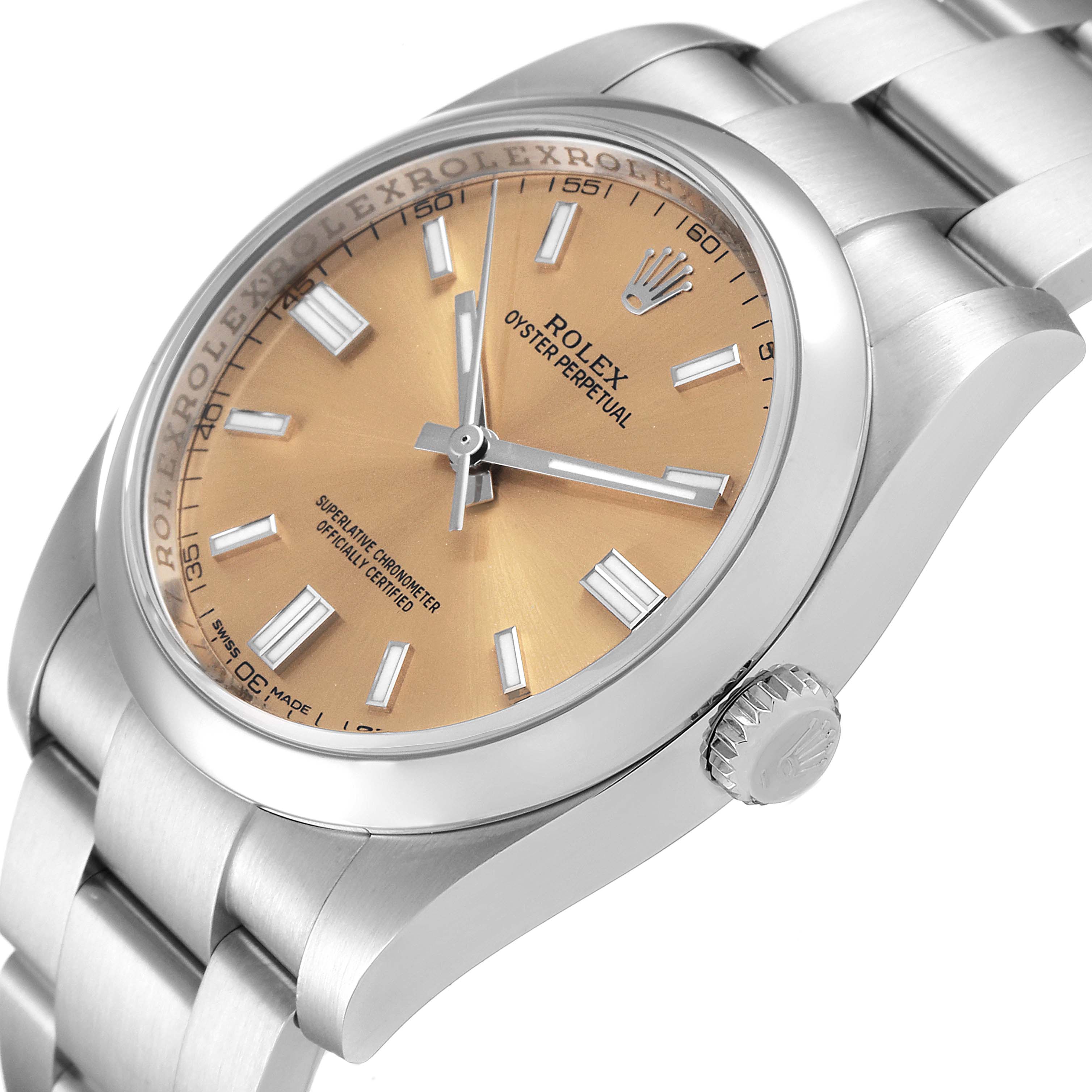 The image shows a close-up angle of the Rolex Oyster Perpetual 116000 Men's Stainless Steel Champagne Dial 116000 Men's Stainless Steel Champagne Dial watch, highlighting its dial, bracelet, and crown.