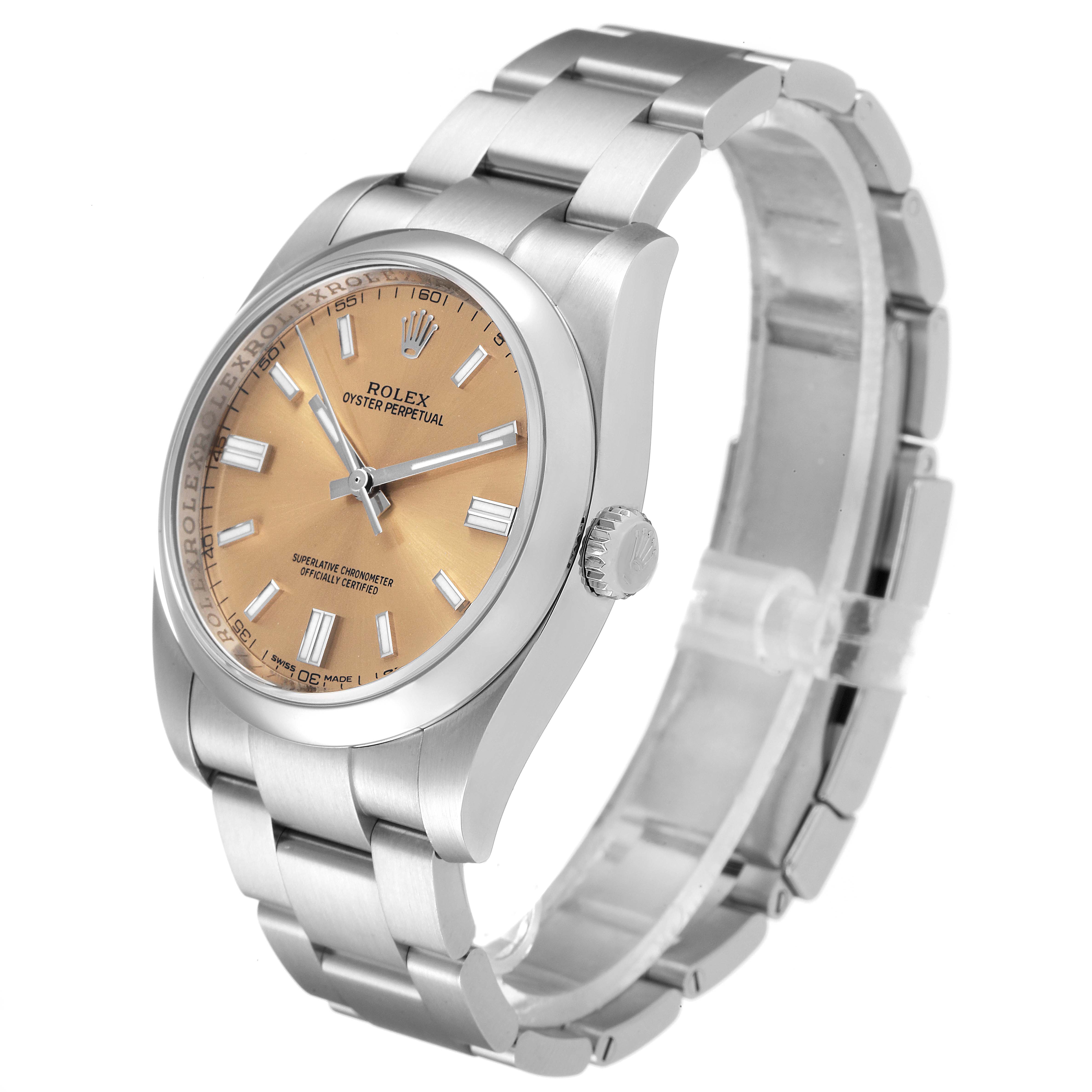 The image shows a side and front angle of a Rolex Oyster Perpetual 116000 Men's Stainless Steel Champagne Dial 116000 Men's Stainless Steel Champagne Dial watch with a silver band and a champagne dial.