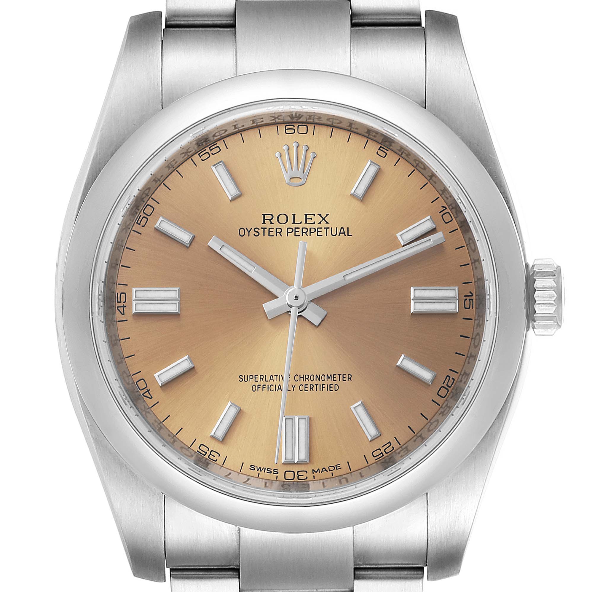 The image shows a frontal view of the Rolex Oyster Perpetual 116000 Men's Stainless Steel Champagne Dial 116000 Men's Stainless Steel Champagne Dial watch, featuring its dial, bezel, crown, and stainless steel bracelet.