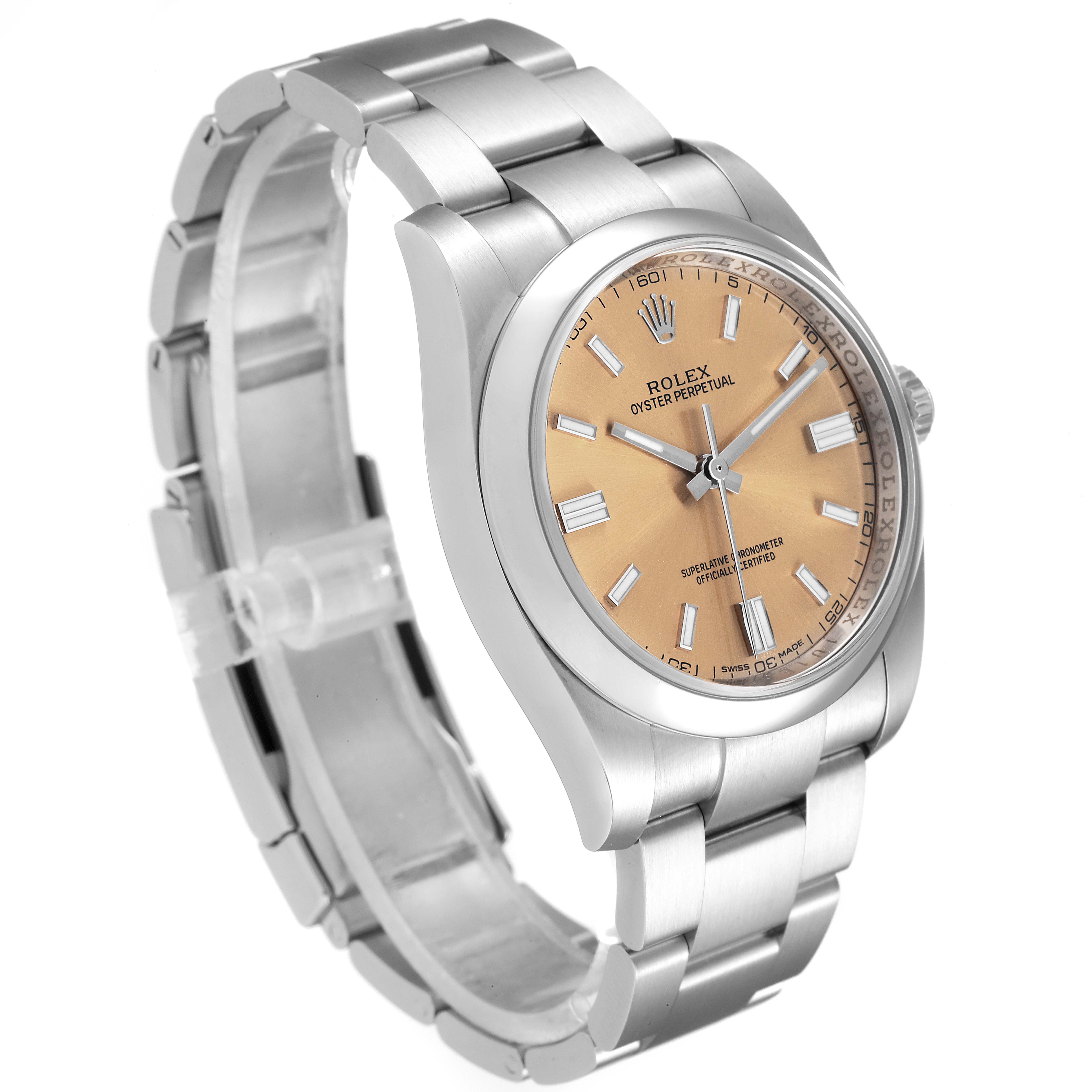 The image shows a Rolex Oyster Perpetual 116000 Men's Stainless Steel Champagne Dial 116000 Men's Stainless Steel Champagne Dial watch at an angle displaying the face, bezel, and bracelet.