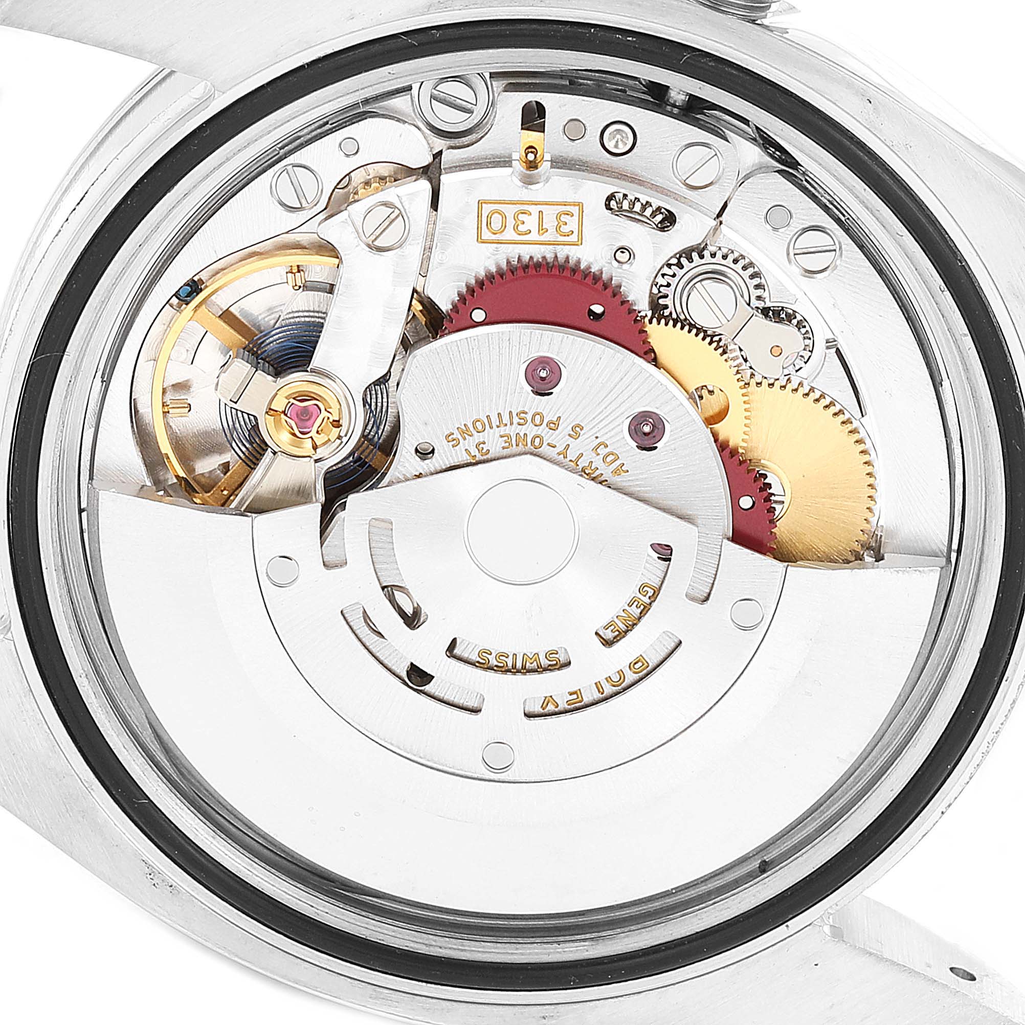 The image shows the intricate internal mechanism of a Rolex Oyster Perpetual 116000 Men's Stainless Steel Champagne Dial 116000 Men's Stainless Steel Champagne Dial watch from a top-down angle.