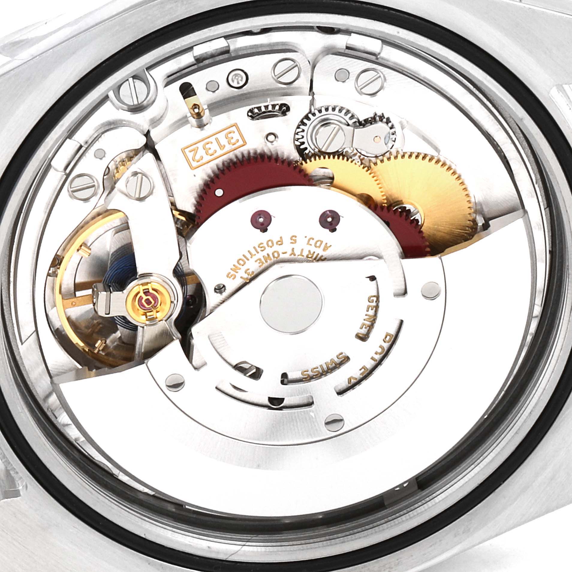 The image shows the movement mechanism of a Rolex Oyster Perpetual 114300 Men
s Stainless Steel Black Dial 114300 Men
s Stainless Steel Black Dial watch from the caseback perspective.