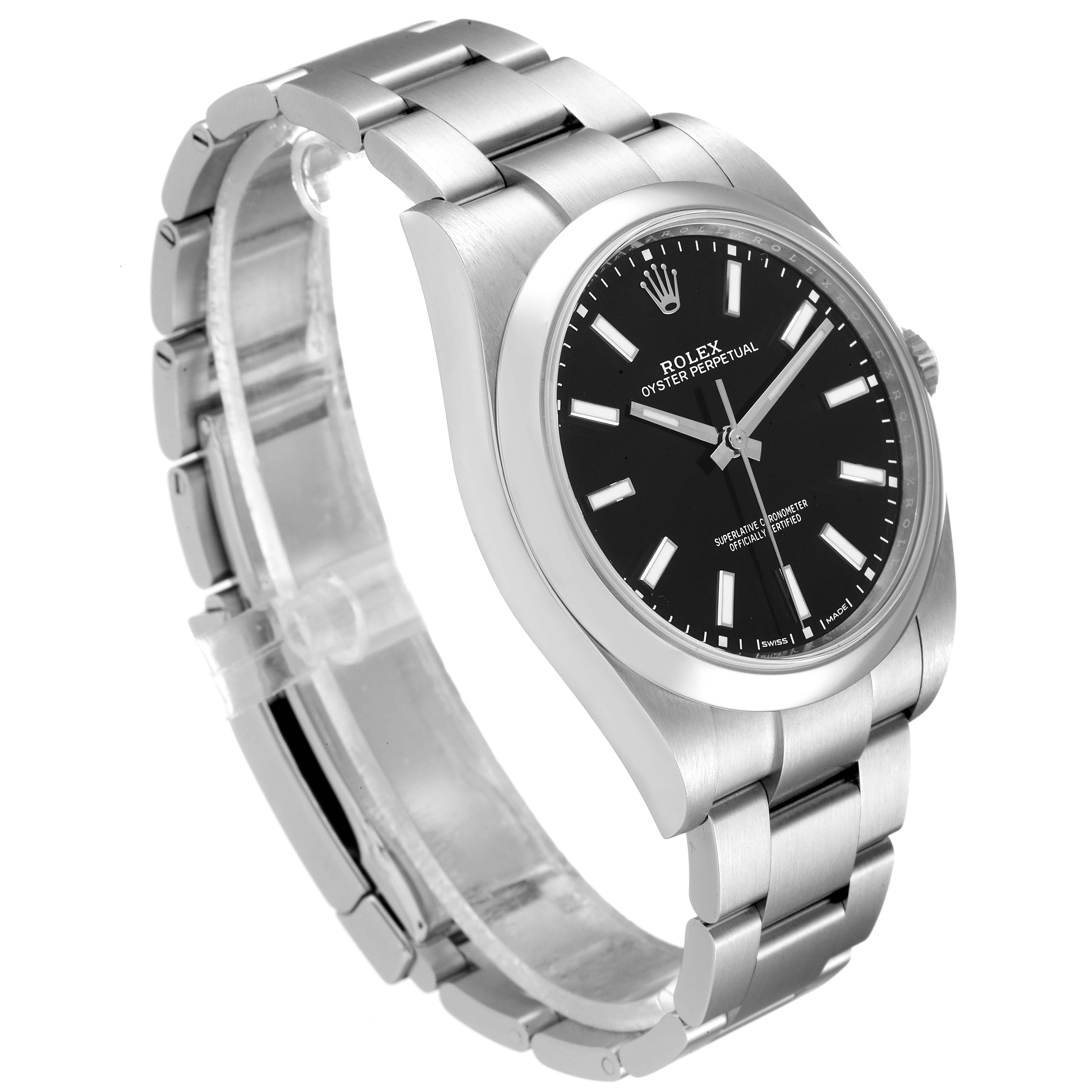 The Rolex Oyster Perpetual 114300 Men
s Stainless Steel Black Dial 114300 Men
s Stainless Steel Black Dial watch is shown at a slight angle, highlighting its black dial, silver hour markers, and stainless steel bracelet.