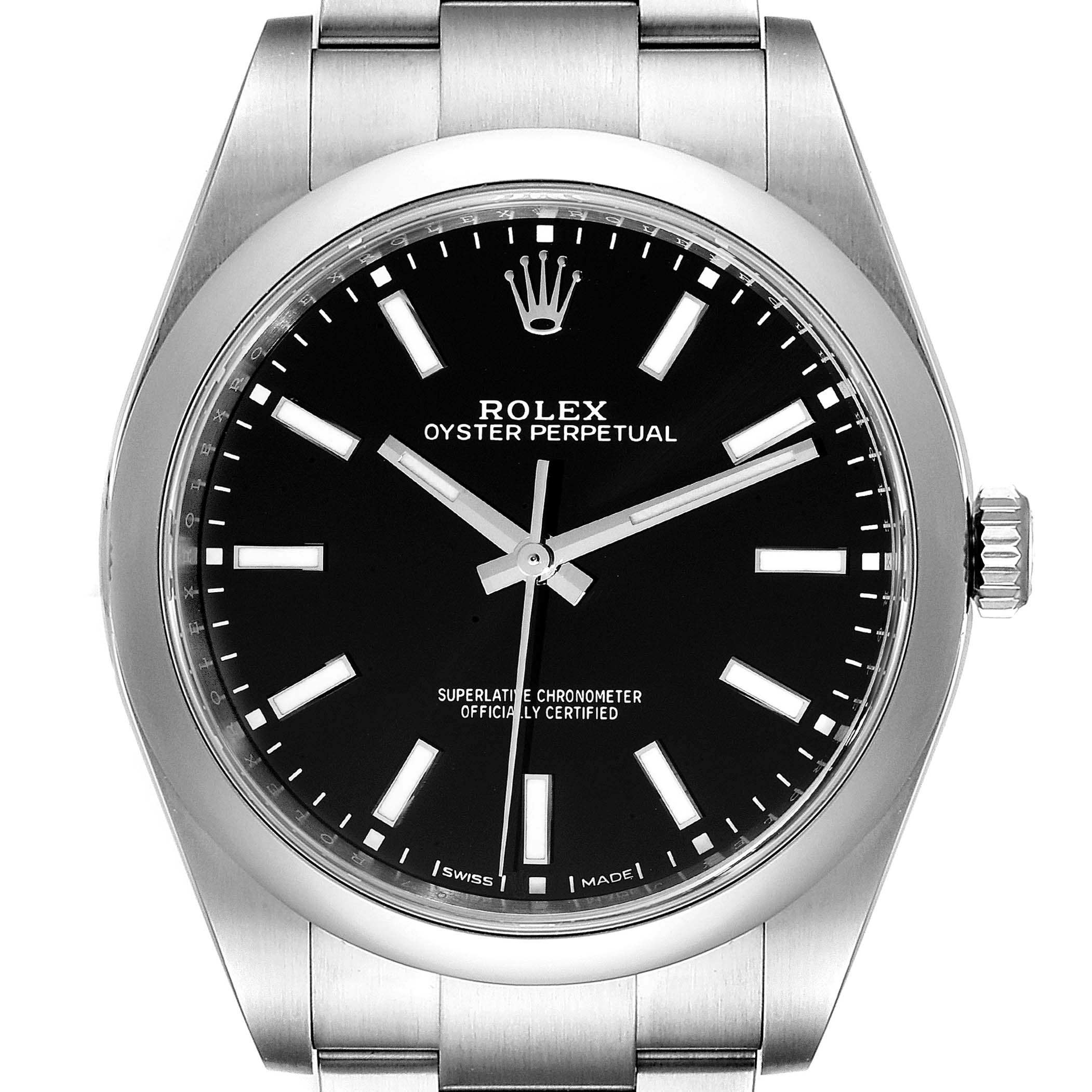 This is a front-angle view of a Rolex Oyster Perpetual 114300 Men
s Stainless Steel Black Dial 114300 Men
s Stainless Steel Black Dial watch, showing the black dial, hands, markers, and part of the metal bracelet.