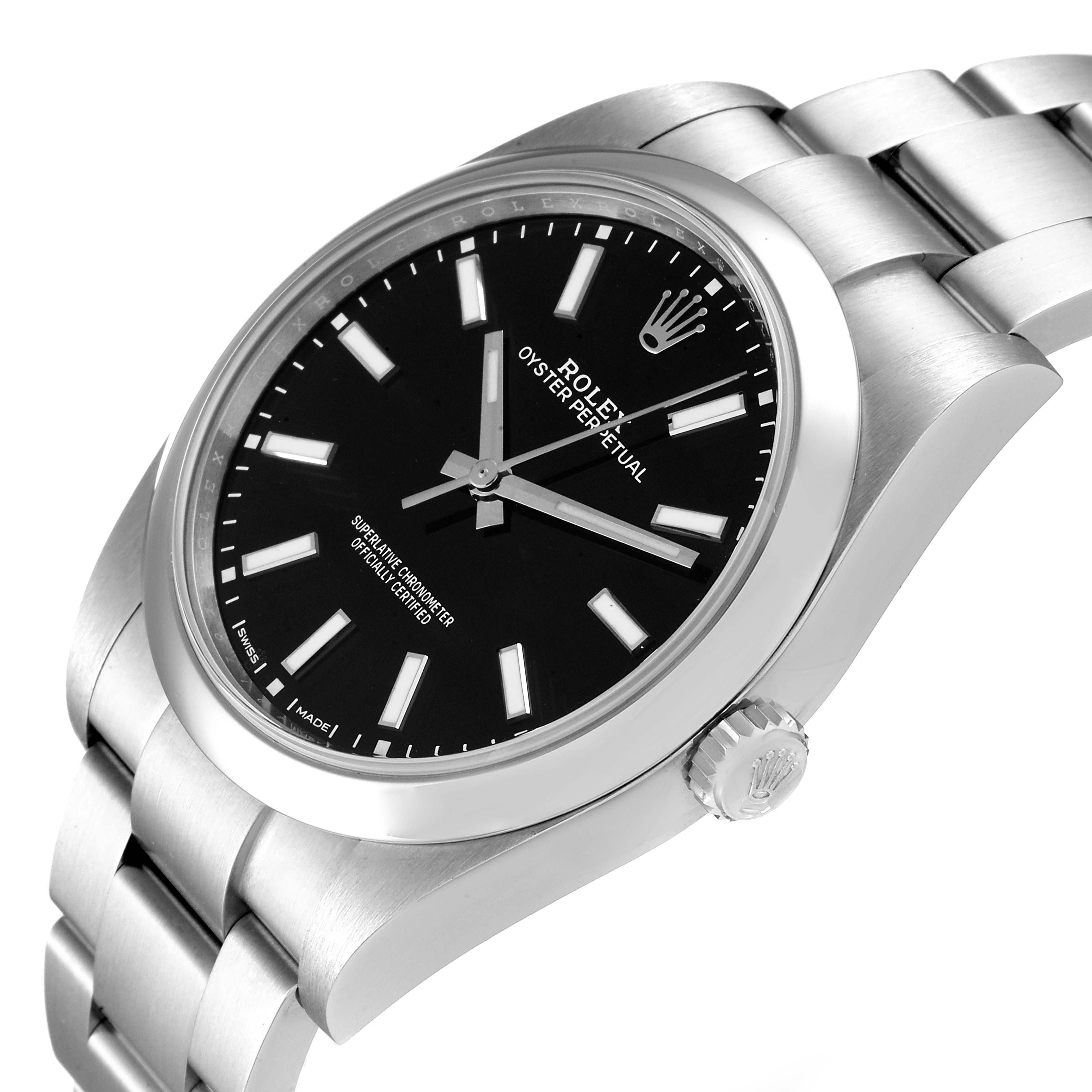The image shows a Rolex Oyster Perpetual 114300 Men
s Stainless Steel Black Dial 114300 Men
s Stainless Steel Black Dial watch at an angled side view, displaying its black dial, case, crown, and bracelet.