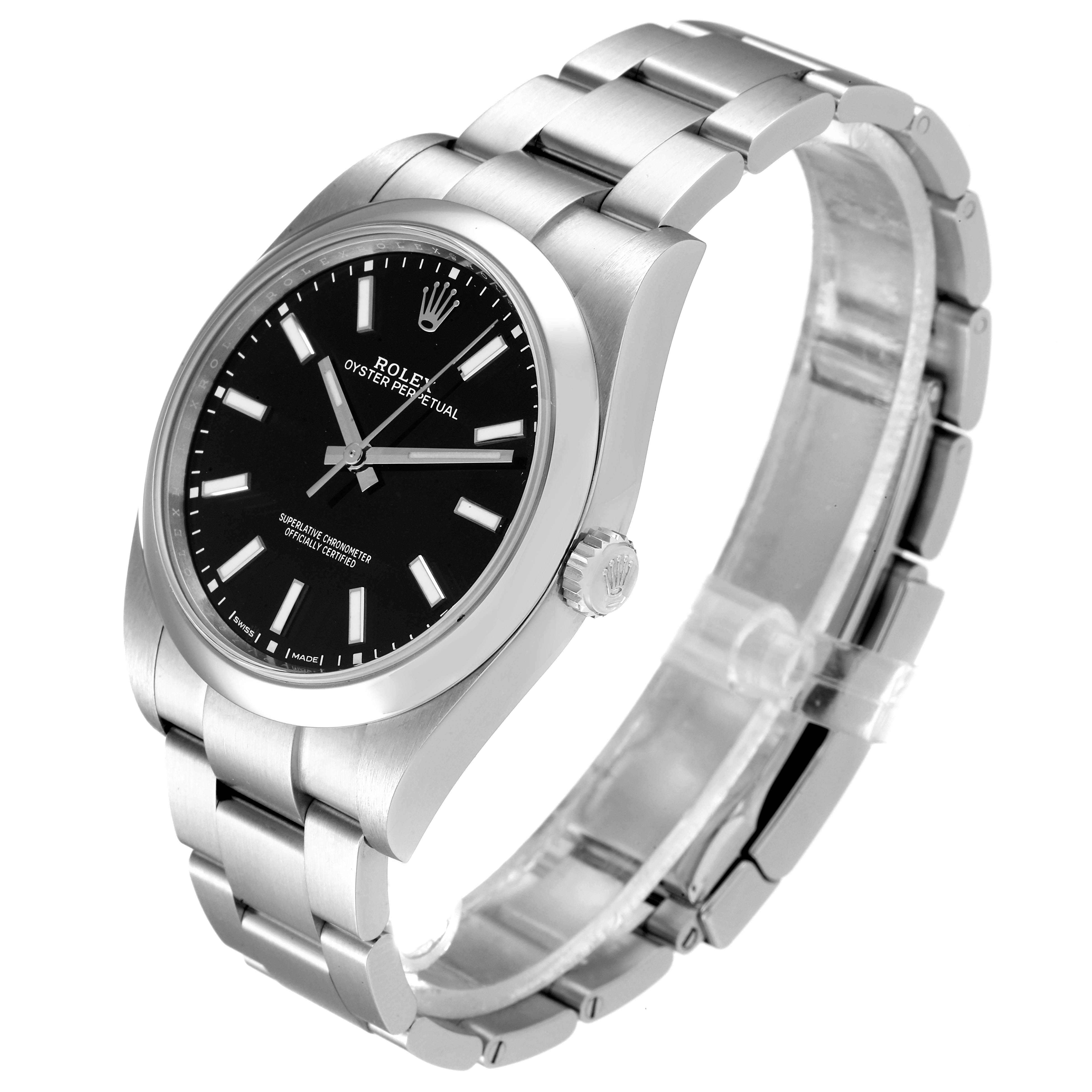 The Rolex Oyster Perpetual 114300 Men
s Stainless Steel Black Dial 114300 Men
s Stainless Steel Black Dial watch is shown at a three-quarter angle, displaying the watch face, crown, and bracelet.