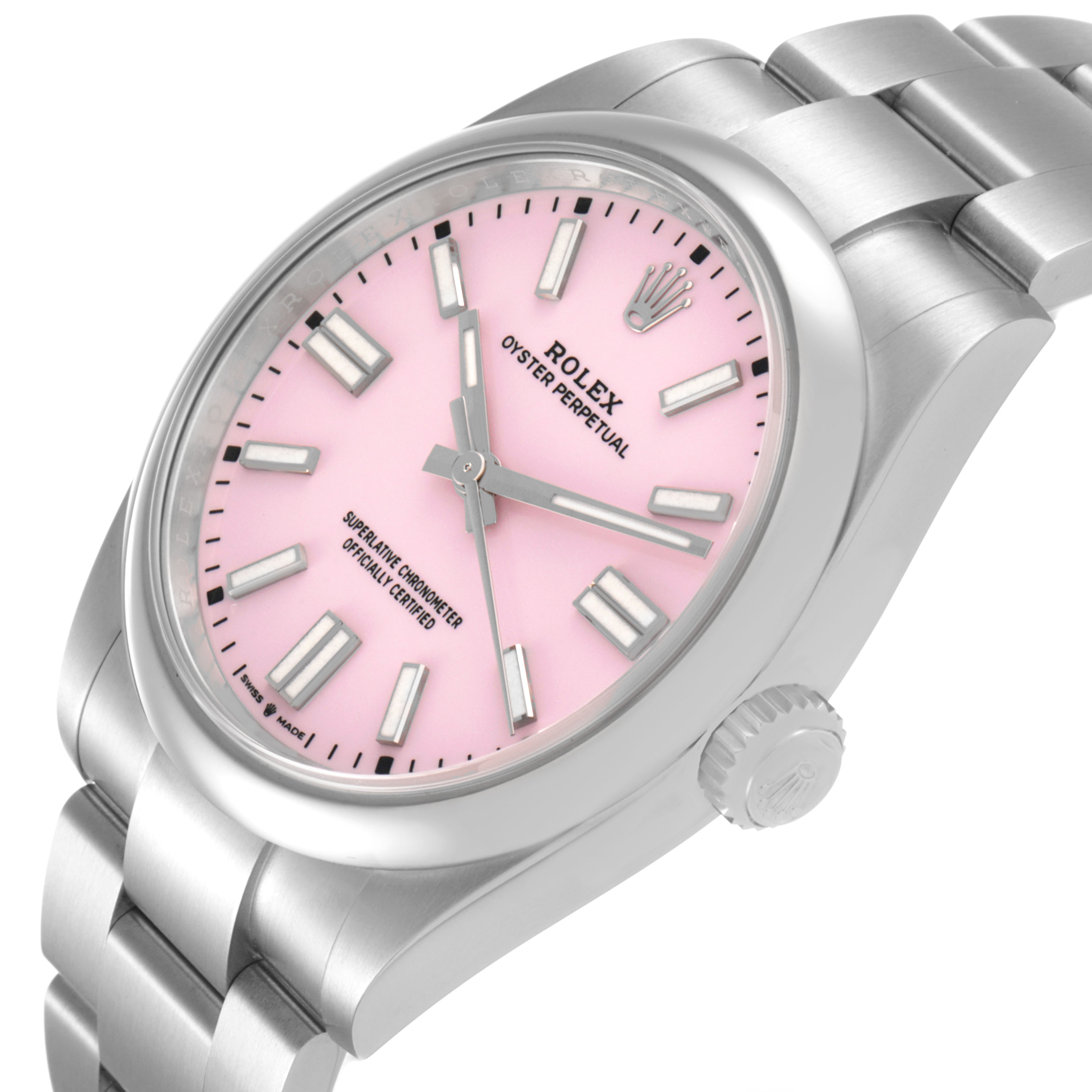 The Rolex Oyster Perpetual 134300 Men's Stainless Steel Pink Dial watch is shown at a three-quarter angle, highlighting the pink dial, crown, and stainless steel bracelet.
