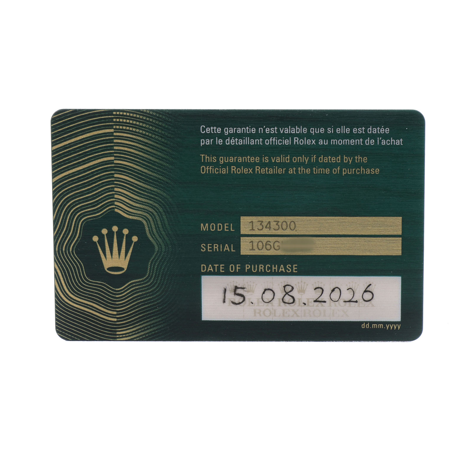 The image shows a warranty card for the Rolex Oyster Perpetual 134300 Men's Stainless Steel Pink Dial, featuring model, serial number, and purchase date.