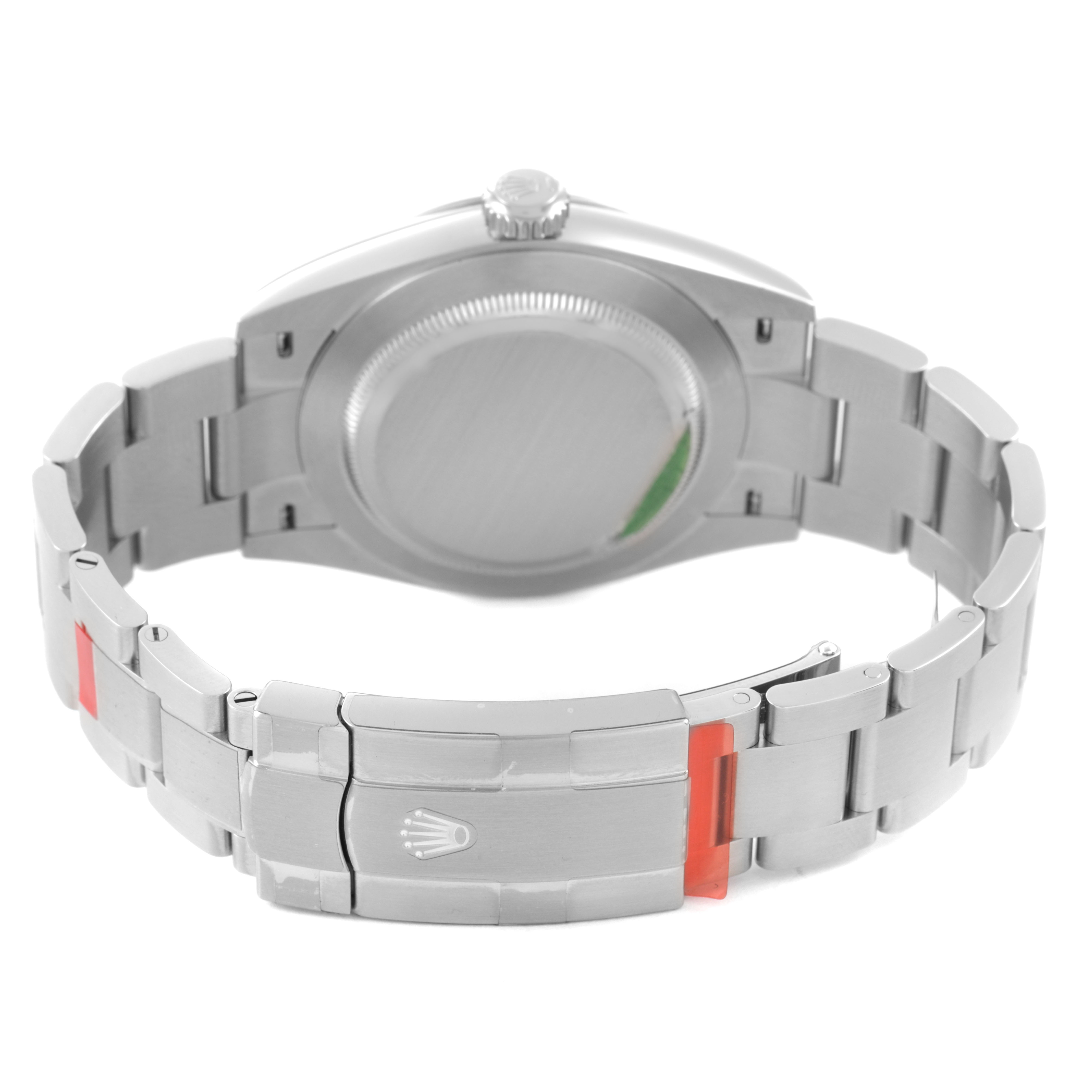 The image shows the back view of a Rolex Oyster Perpetual 134300 Men's Stainless Steel Pink Dial watch, highlighting its case back, bracelet, and clasp.