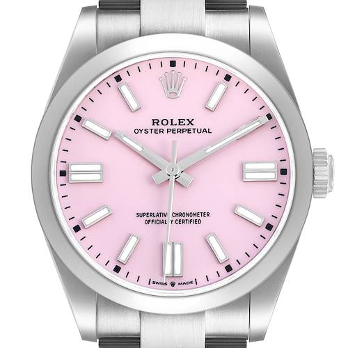 The image shows a front view of the Rolex Oyster Perpetual 134300 Men's Stainless Steel Pink Dial watch, highlighting its pink dial and stainless steel case.