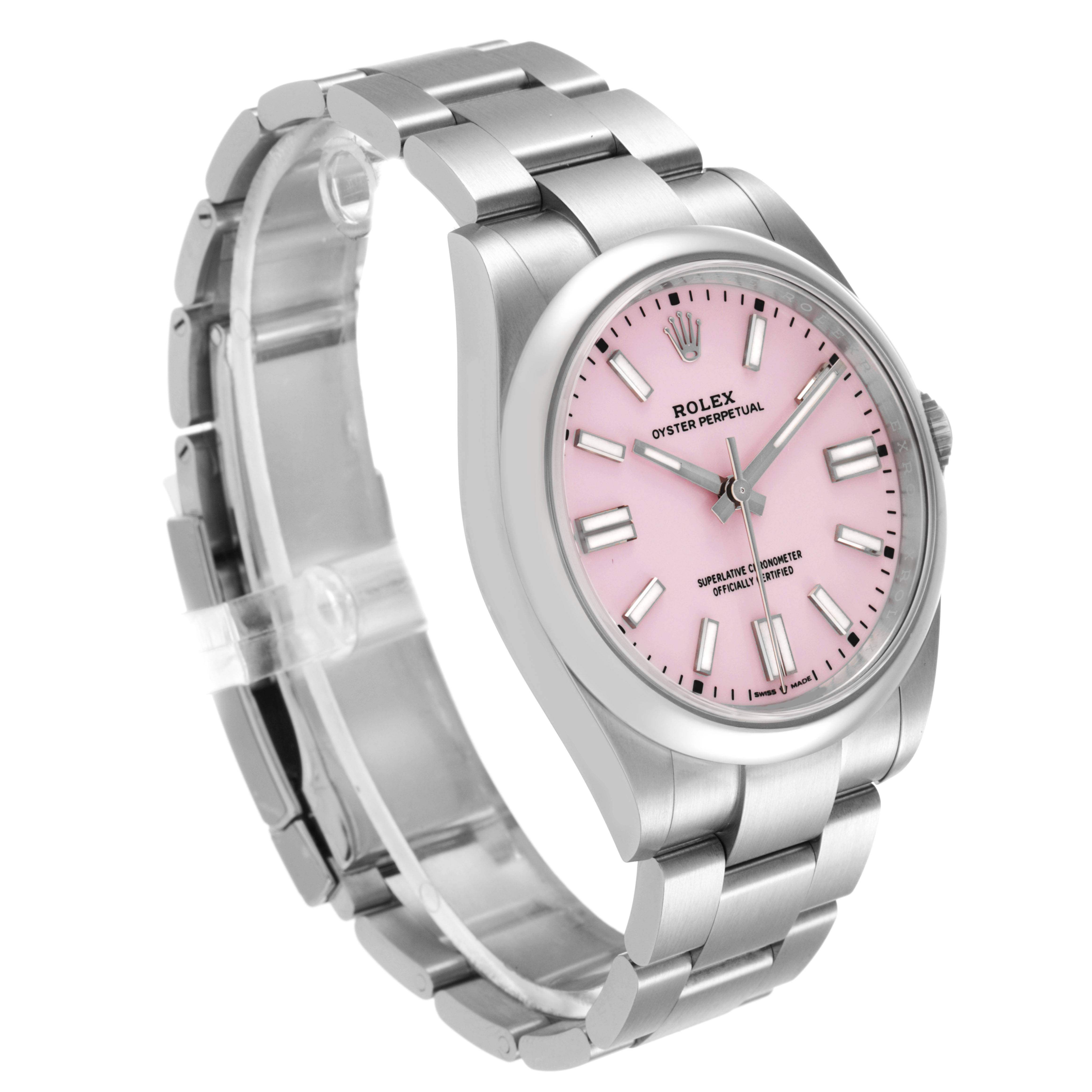 The Rolex Oyster Perpetual 134300 Men's Stainless Steel Pink Dial watch is shown at a three-quarter angle, displaying the pink dial, bezel, and part of the bracelet.