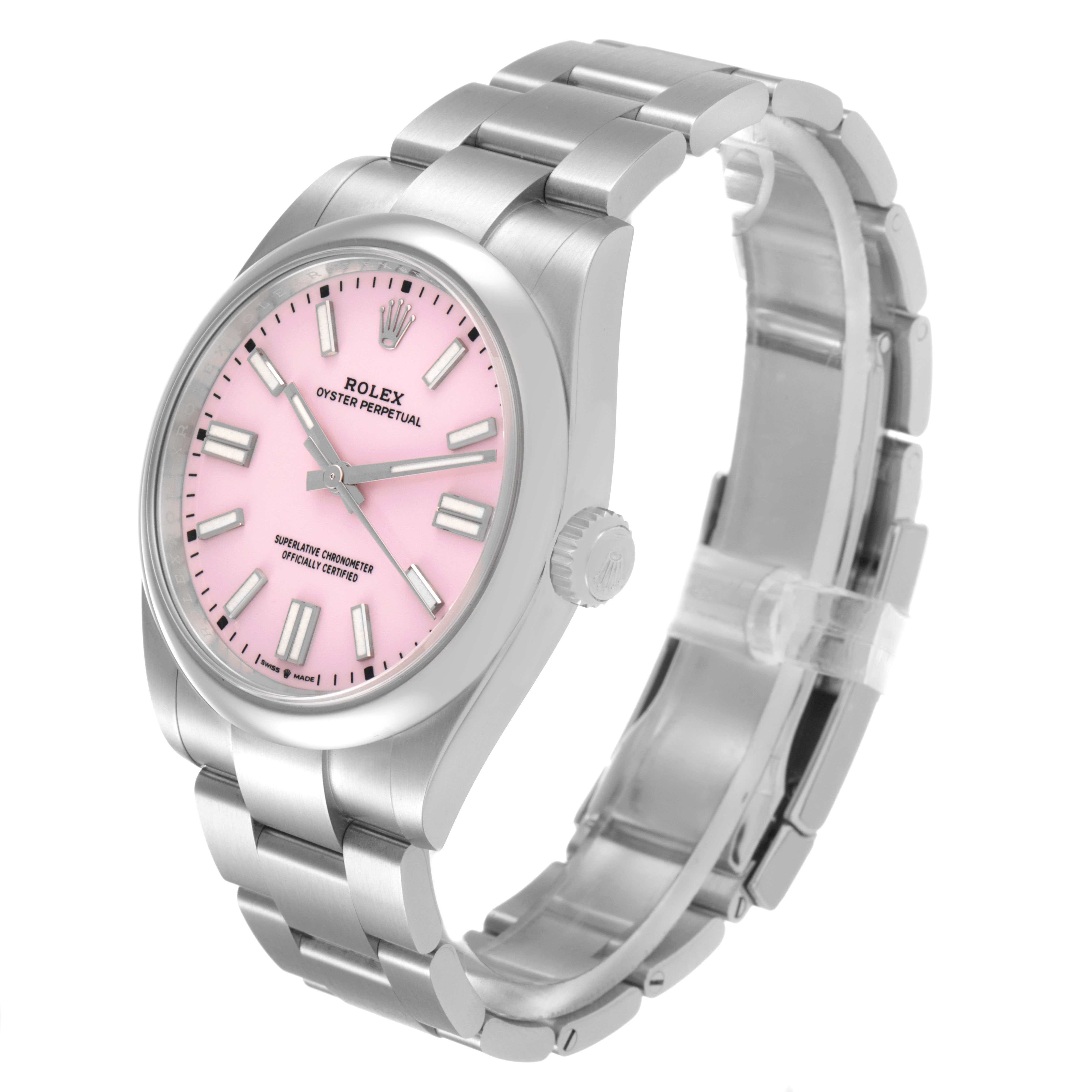 The Rolex Oyster Perpetual 134300 Men's Stainless Steel Pink Dial watch is shown in a side angled view, highlighting its bracelet, case, pink dial, and crown.