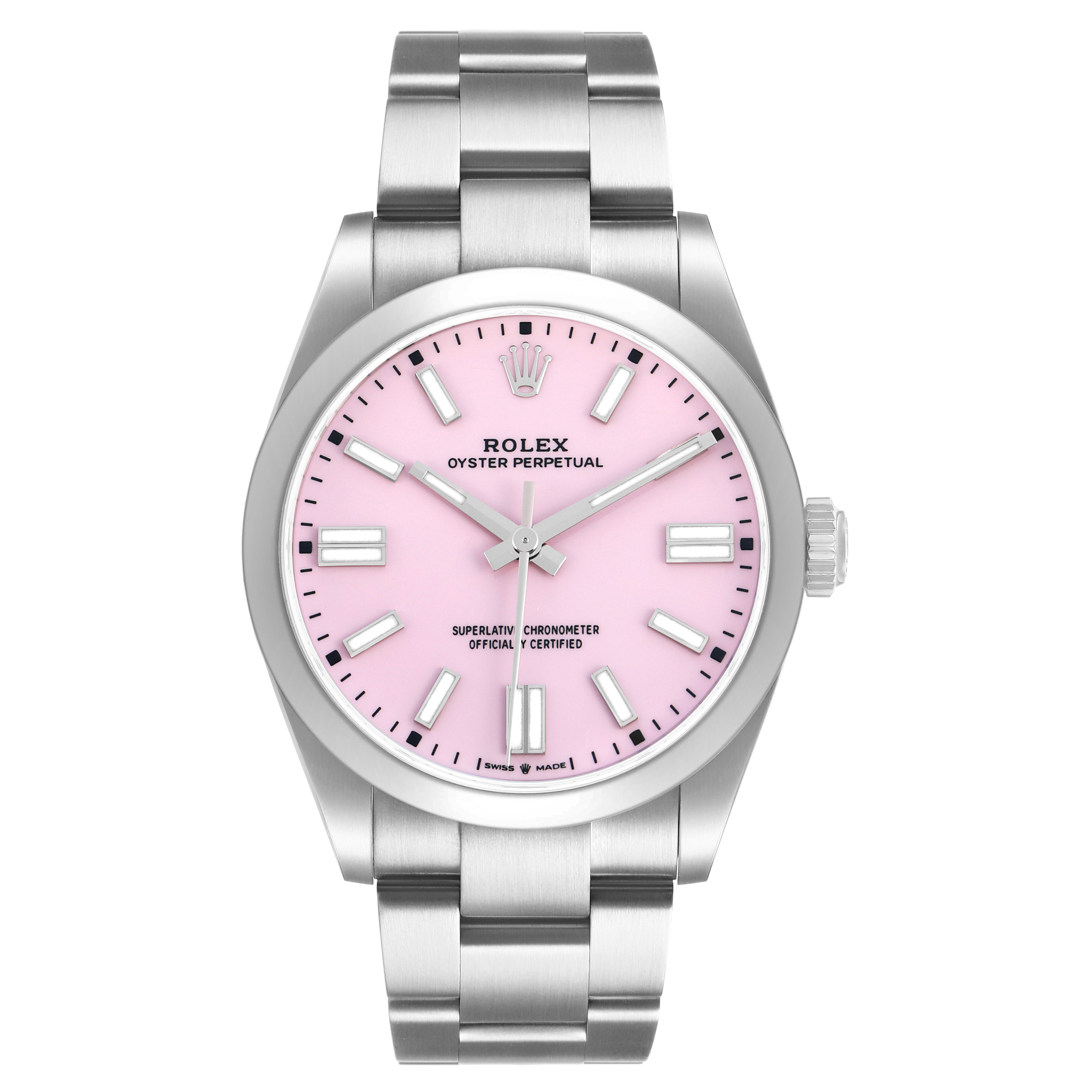 The Rolex Oyster Perpetual 134300 Men's Stainless Steel Pink Dial watch is shown from the front, displaying the pink dial, hour markers, hands, and bracelet.