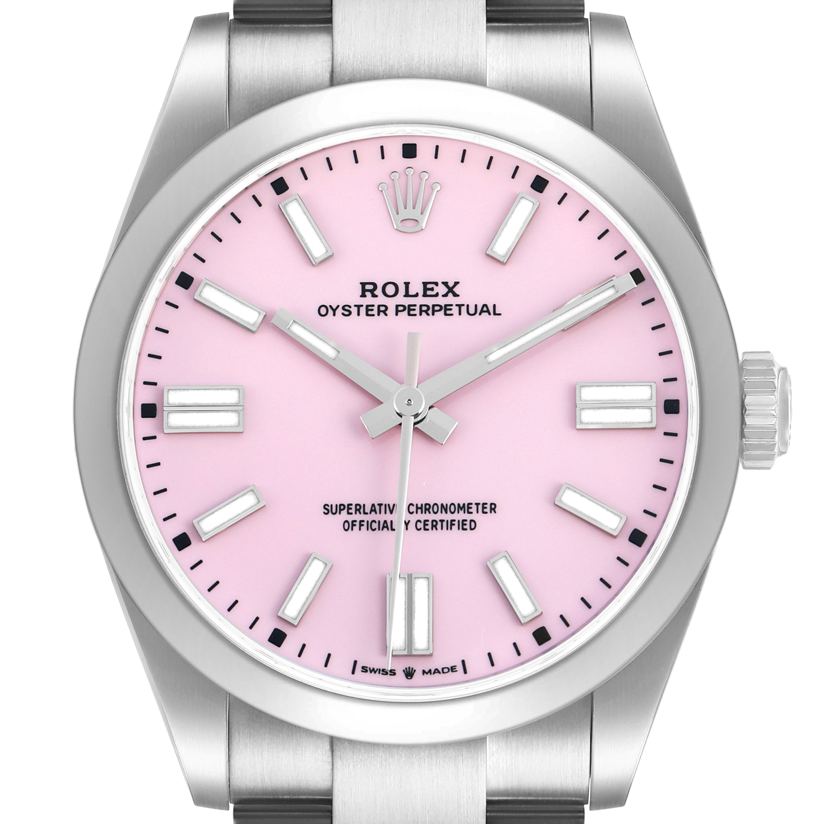 The Rolex Oyster Perpetual 134300 Men's Stainless Steel Pink Dial watch is shown from a front angle, highlighting its pink dial, hour markers, and crown.